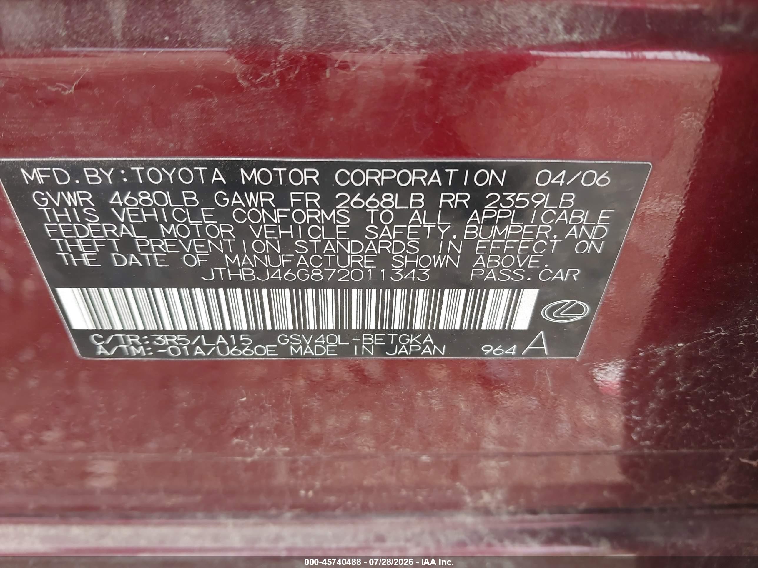 2007 Lexus Es 350   Purple vin: JTHBJ46G872011343