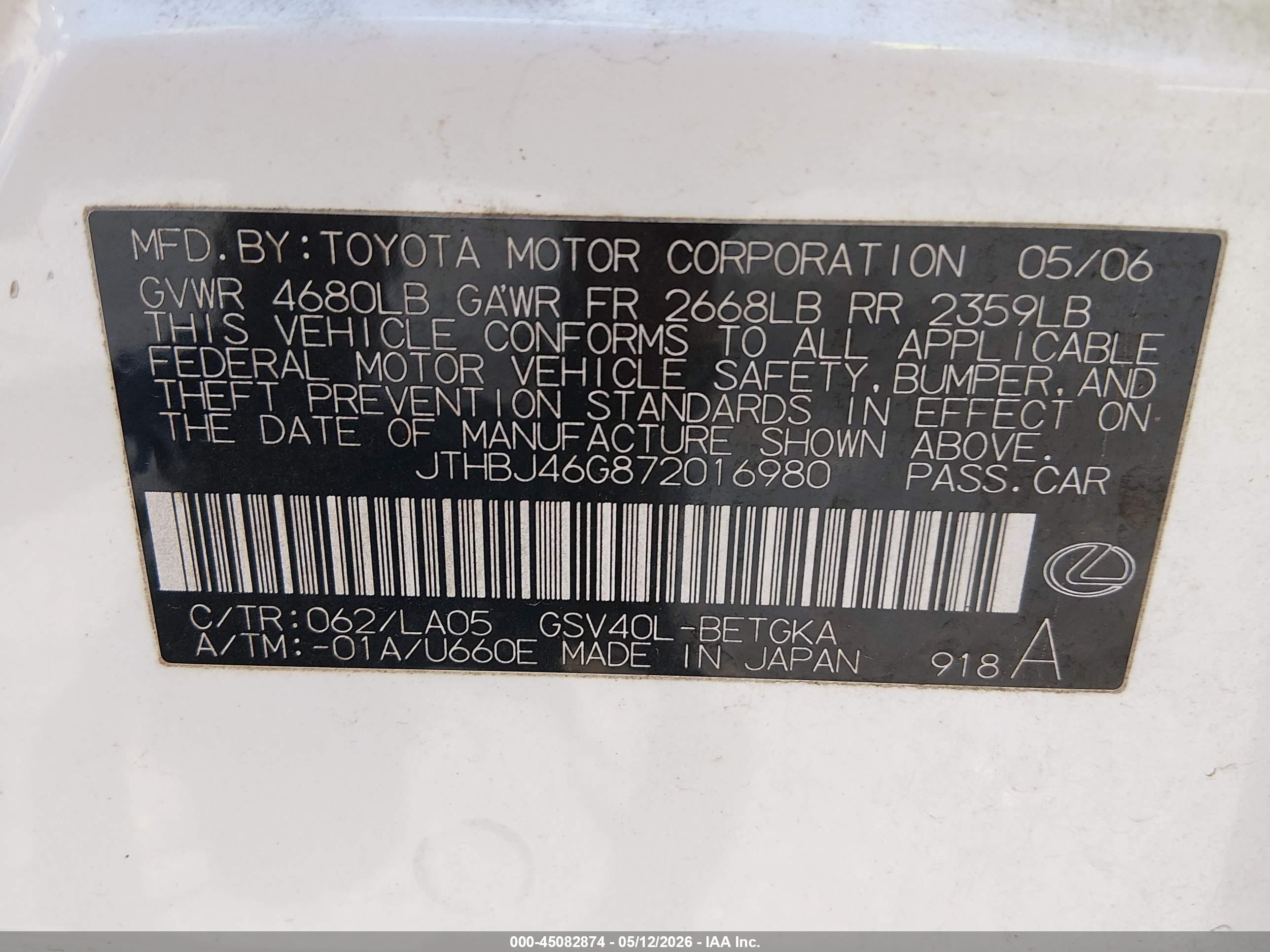 2007 Lexus Es 350   White vin: JTHBJ46G872016980