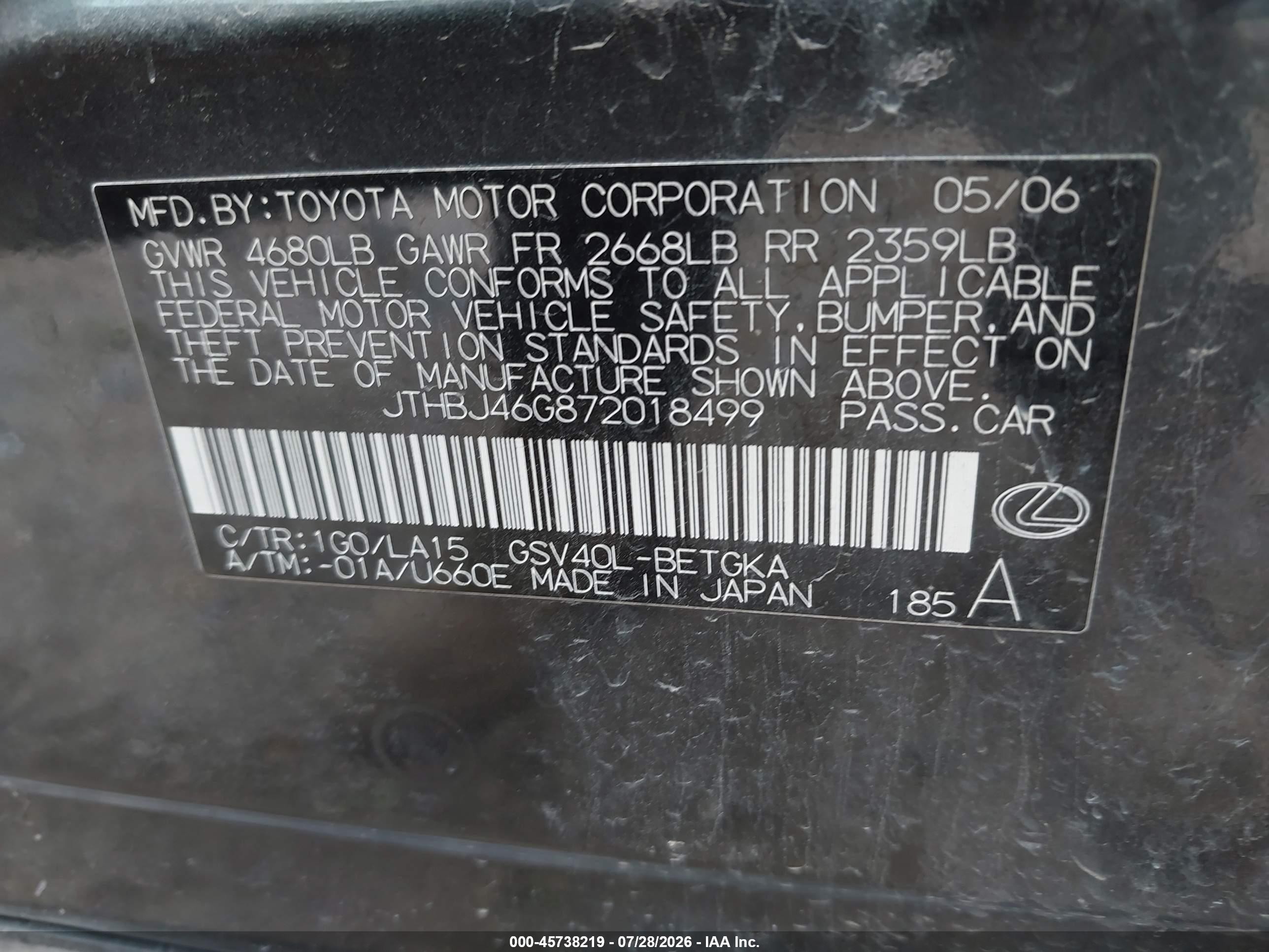 2007 Lexus Es 350   Серый vin: JTHBJ46G872018499
