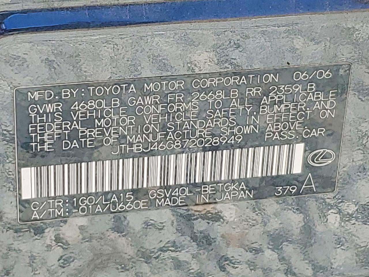 2007 Lexus Es 350 Угольный vin: JTHBJ46G872028949