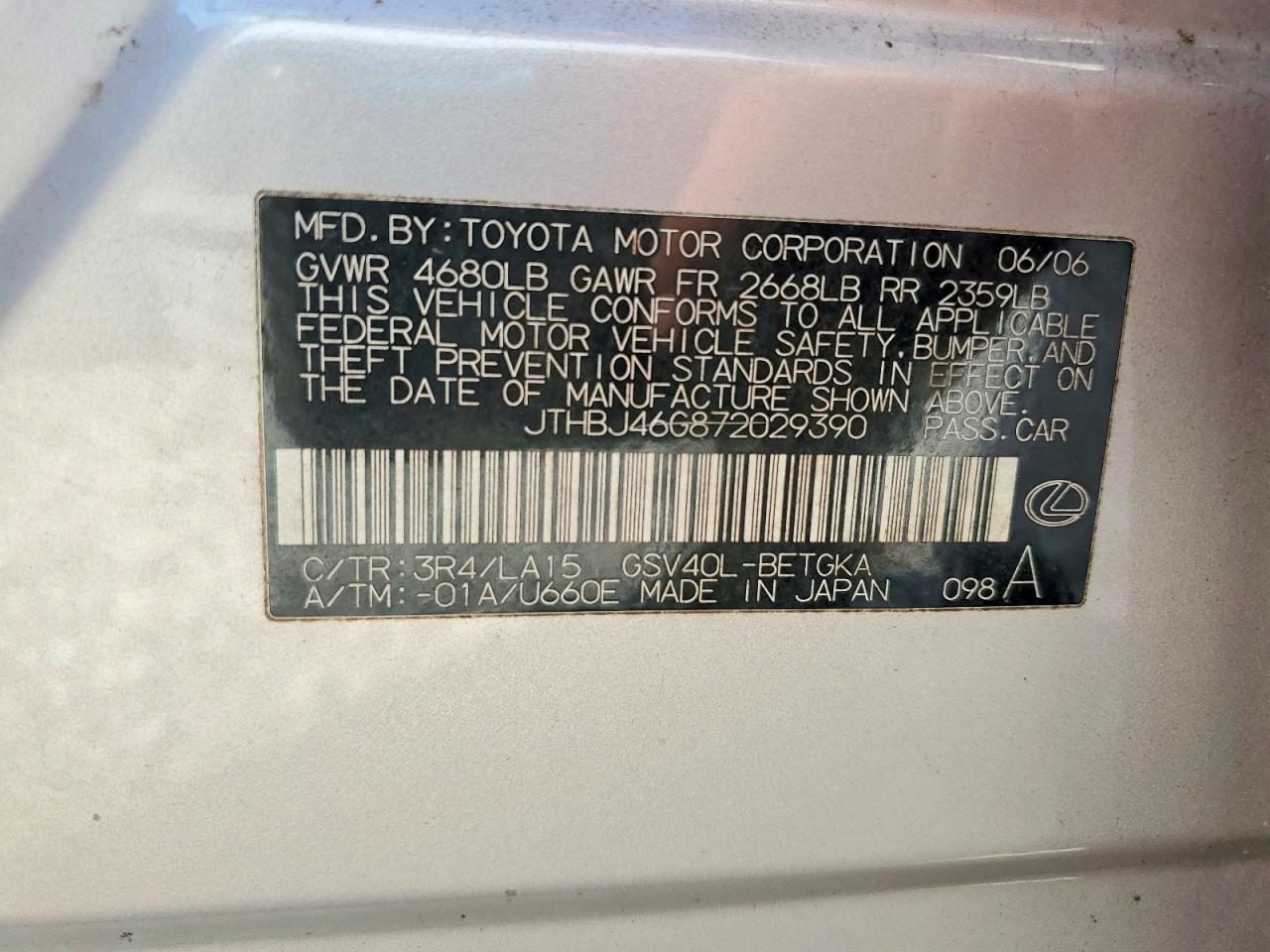 2007 Lexus Es 350 Silver vin: JTHBJ46G872029390