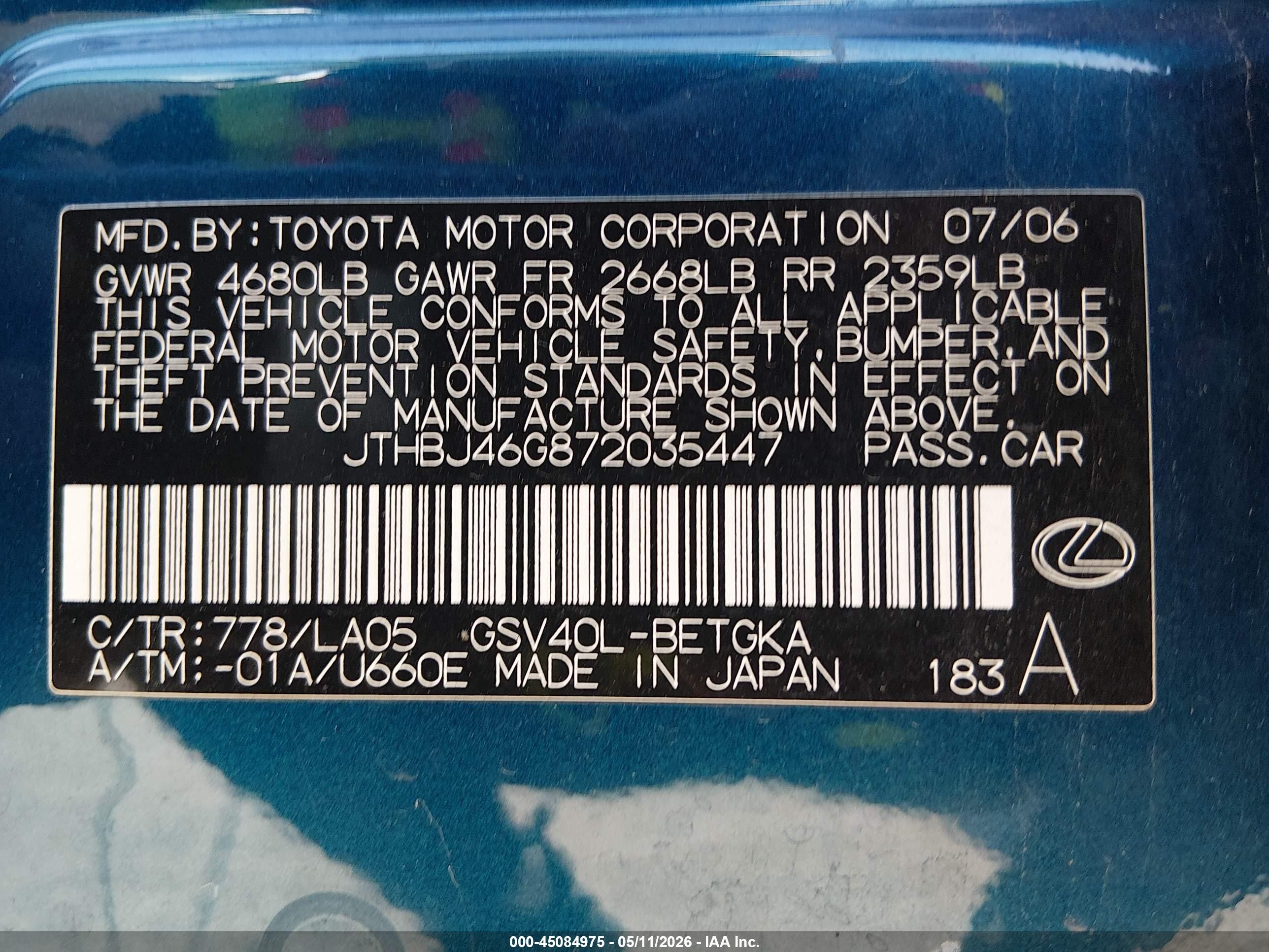 2007 Lexus Es 350   Blue vin: JTHBJ46G872035447