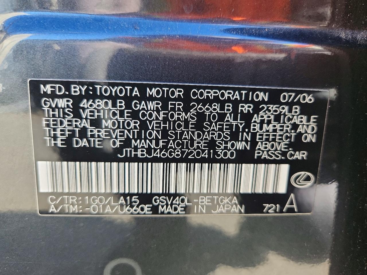 2007 Lexus Es 350 Gray vin: JTHBJ46G872041300