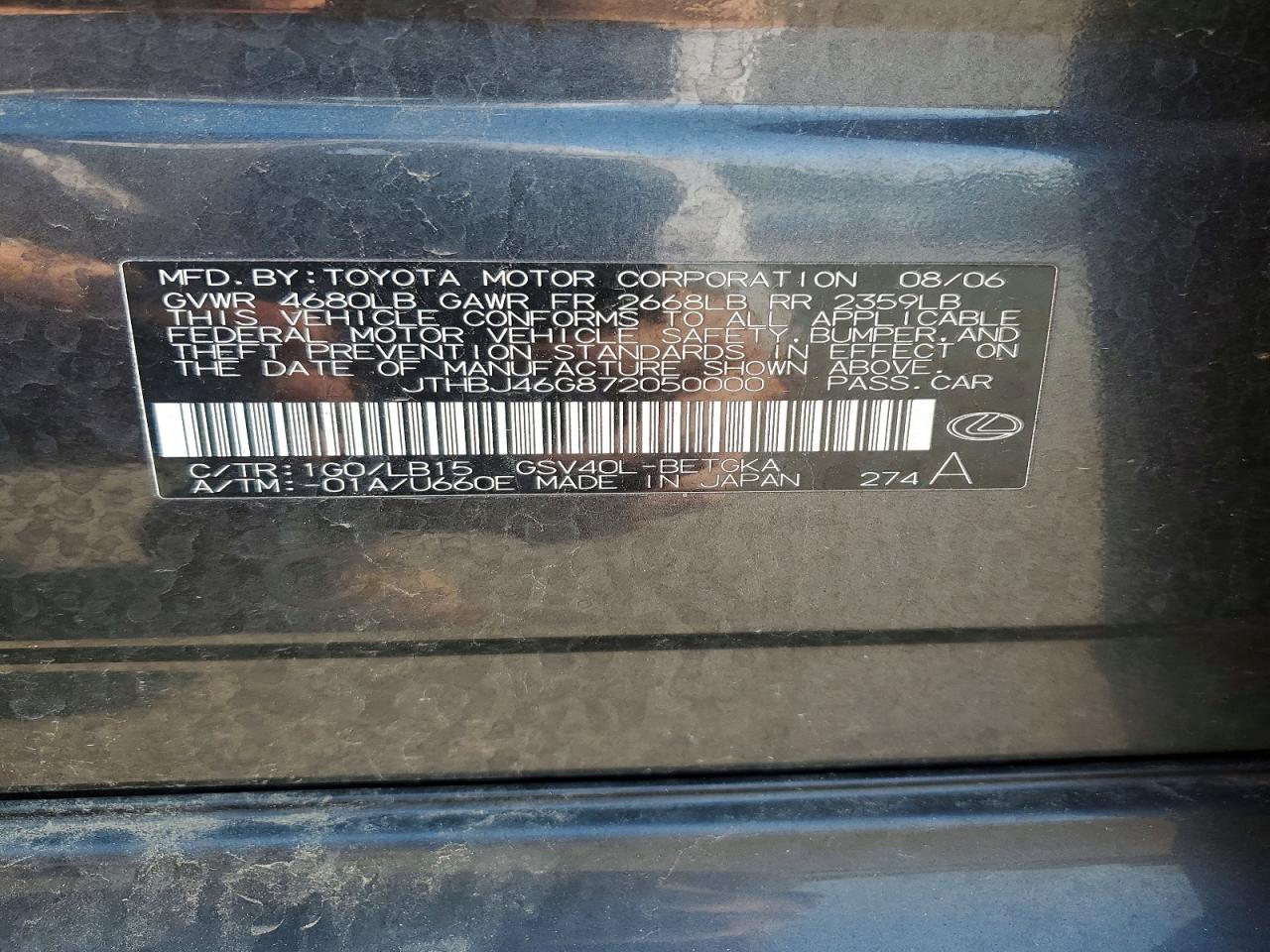 2007 Lexus Es 350 Угольный vin: JTHBJ46G872050000
