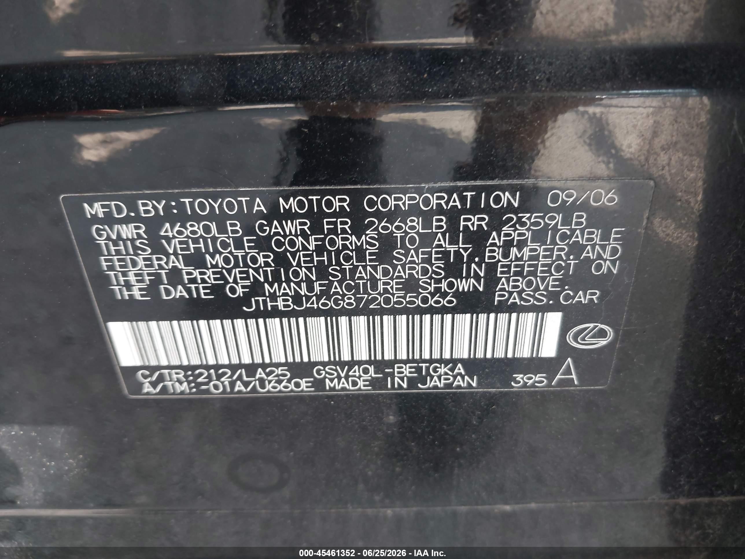 2007 Lexus Es 350   Black vin: JTHBJ46G872055066