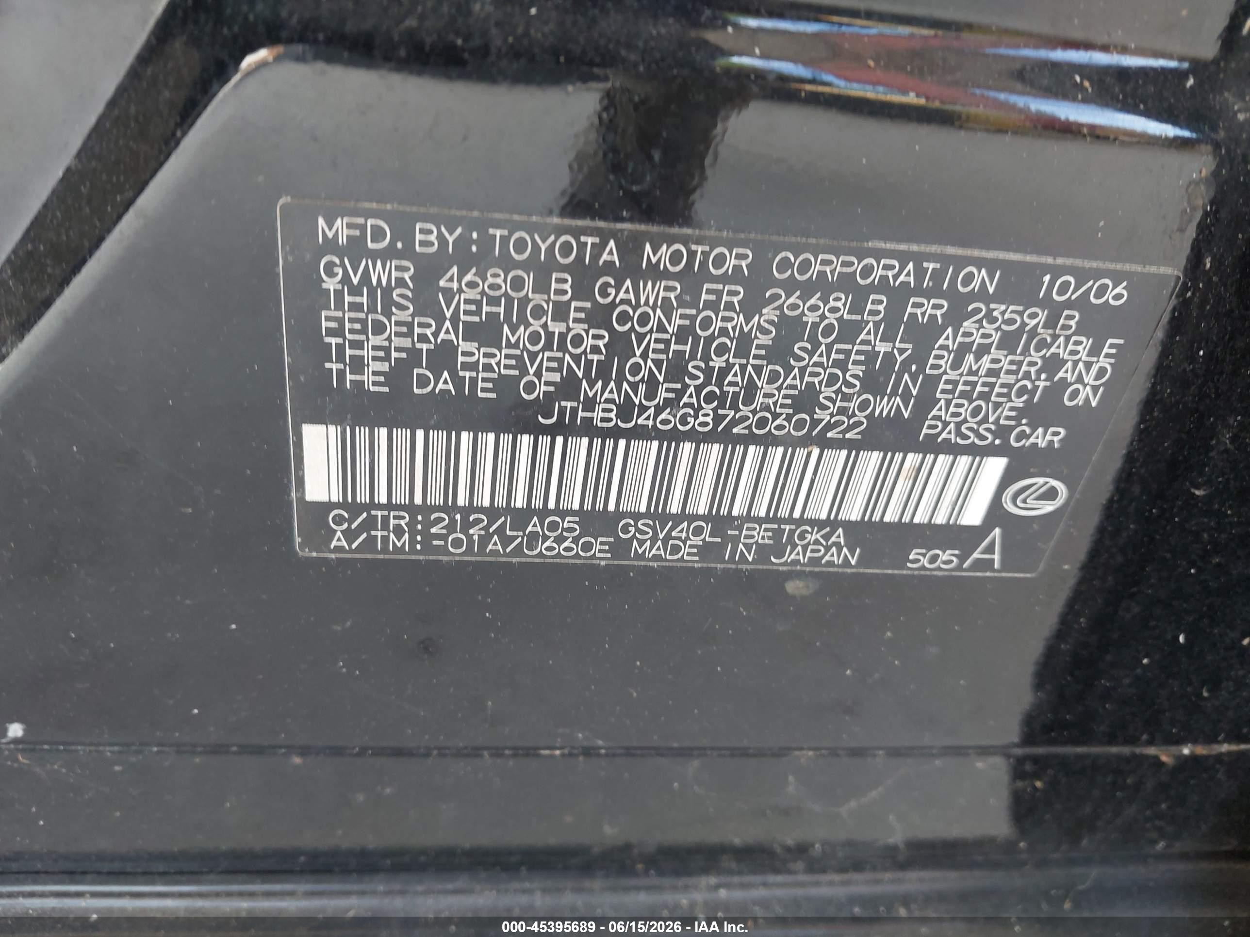 2007 Lexus Es 350 Black vin: JTHBJ46G872060722