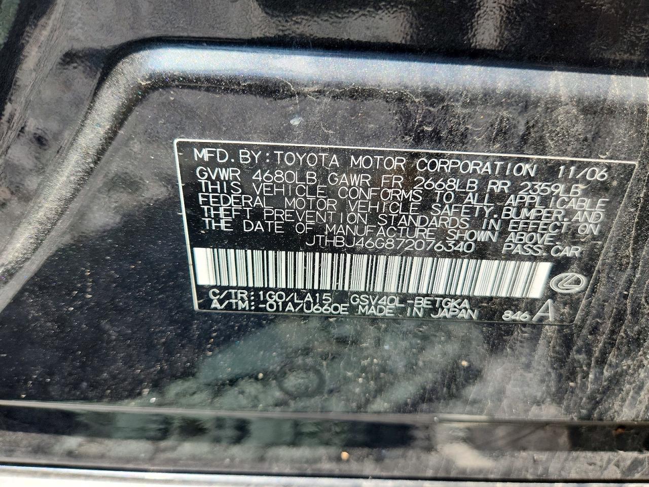 2007 Lexus Es 350 Charcoal vin: JTHBJ46G872076340