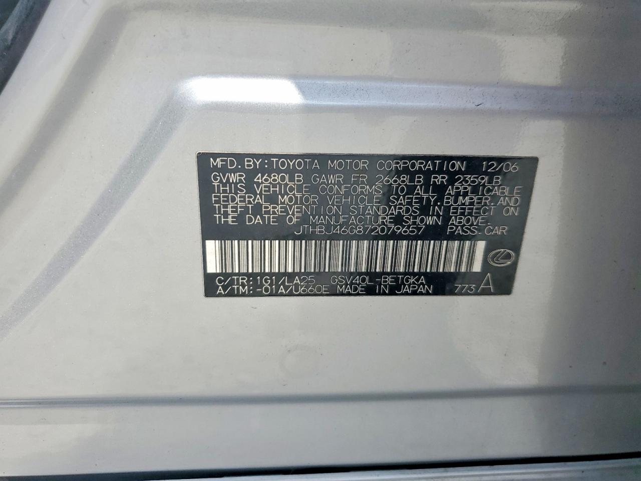 2007 Lexus Es 350 Silver vin: JTHBJ46G872079657