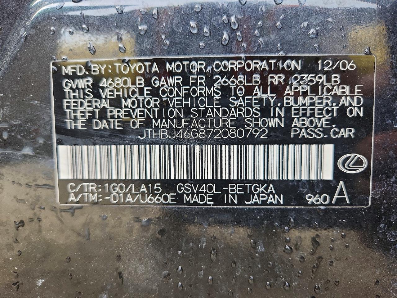 2007 Lexus Es 350 Charcoal vin: JTHBJ46G872080792