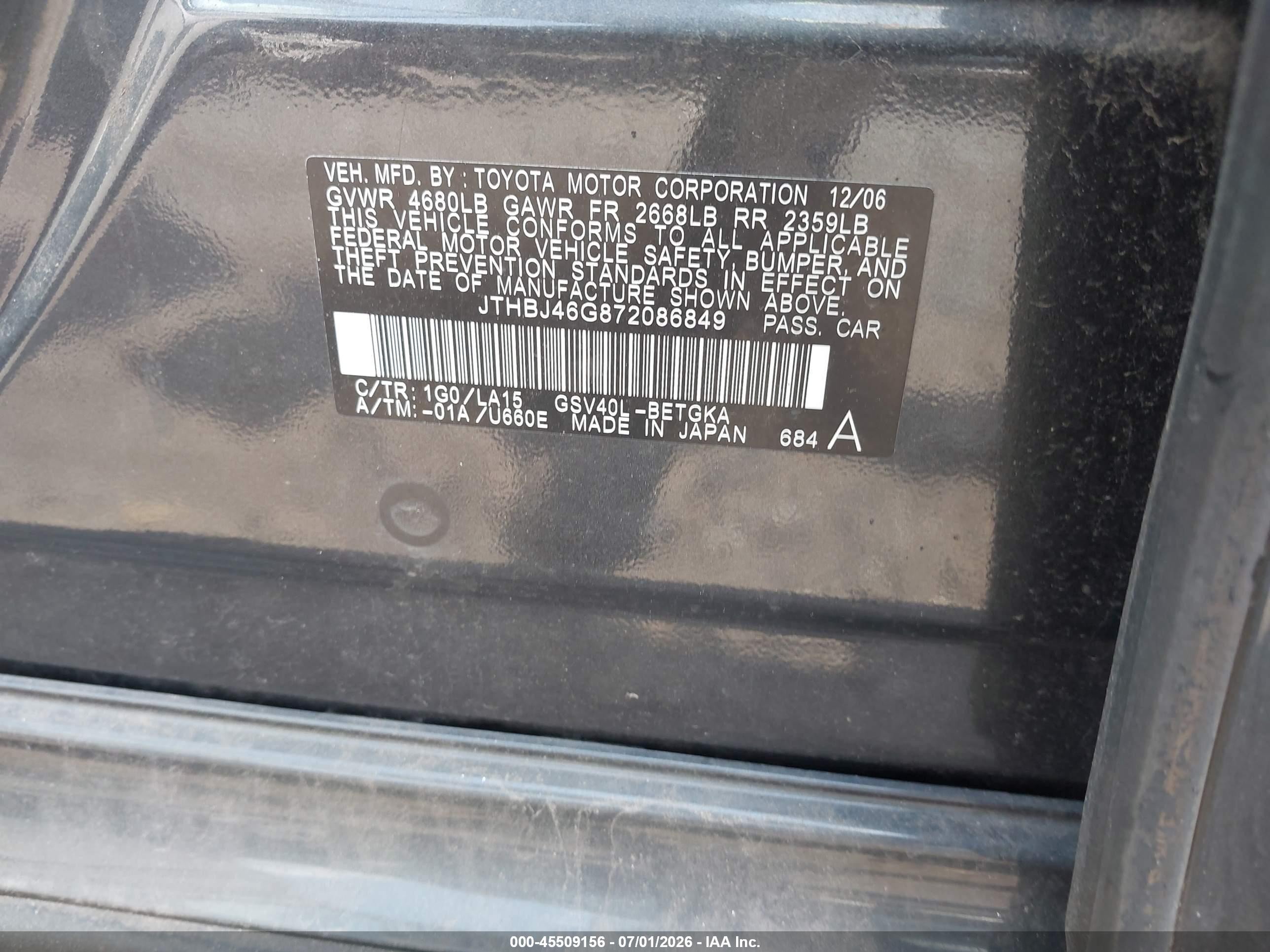 2007 Lexus Es 350   Black vin: JTHBJ46G872086849