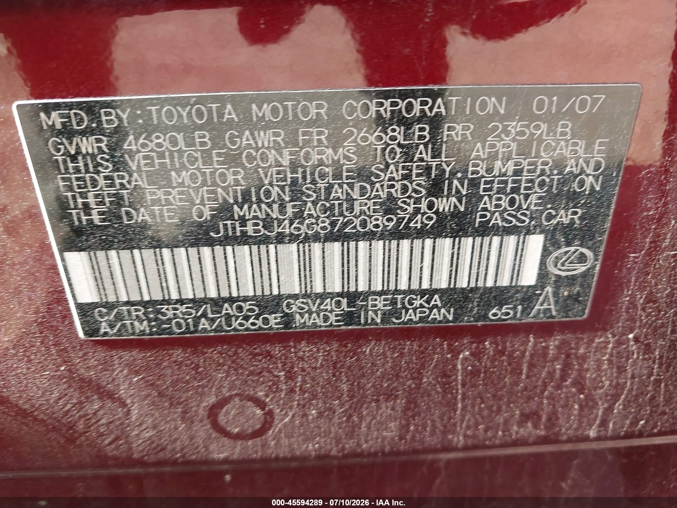 2007 Lexus Es 350   Maroon vin: JTHBJ46G872089749