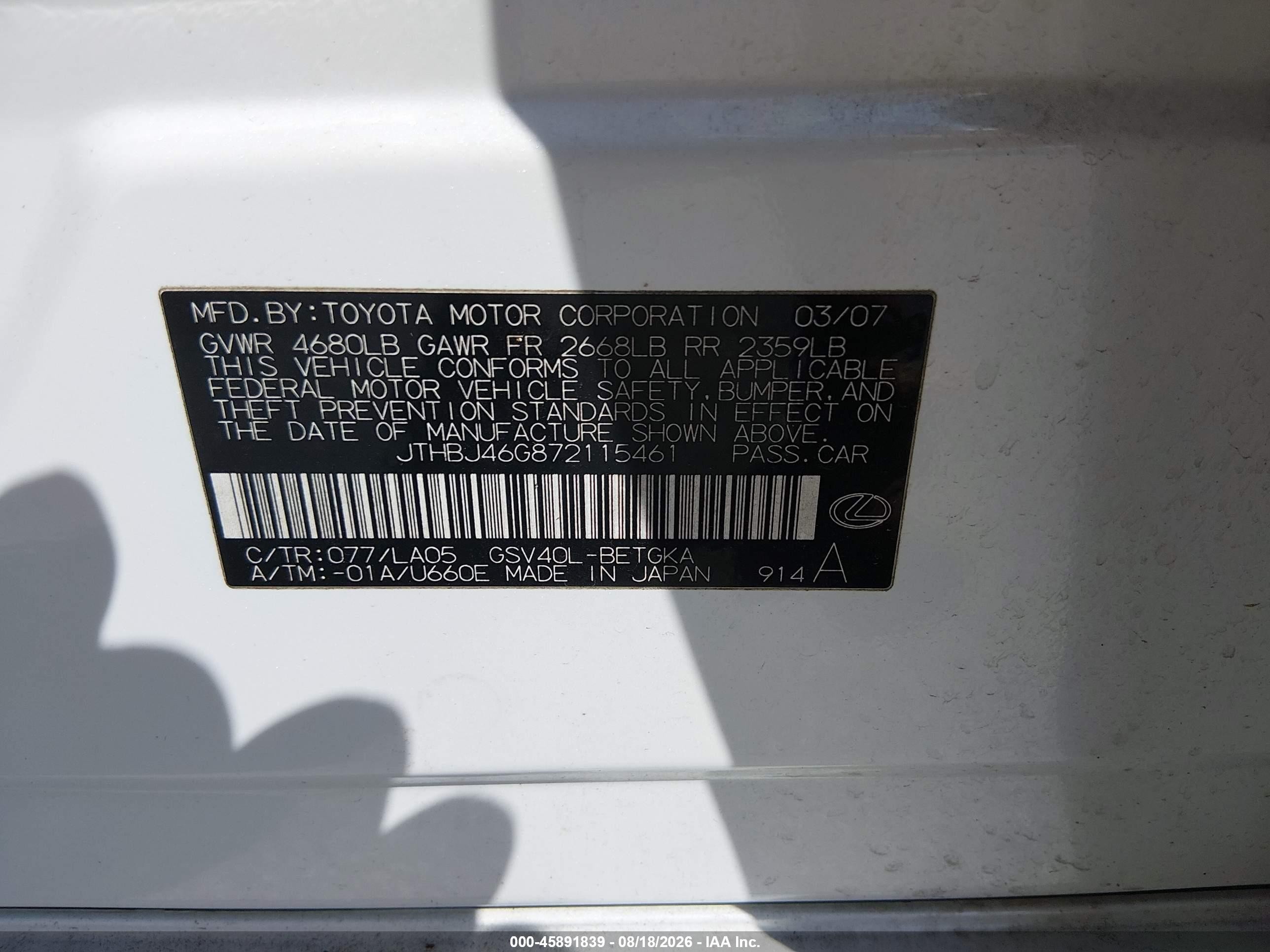 2007 Lexus Es 350   White vin: JTHBJ46G872115461