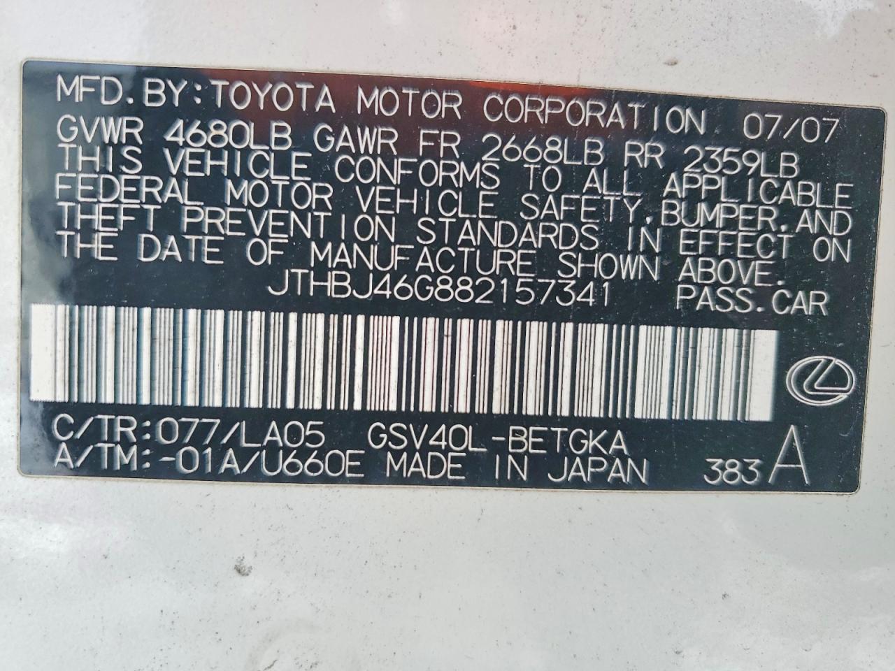 2008 Lexus Es 350 Base White vin: JTHBJ46G882157341