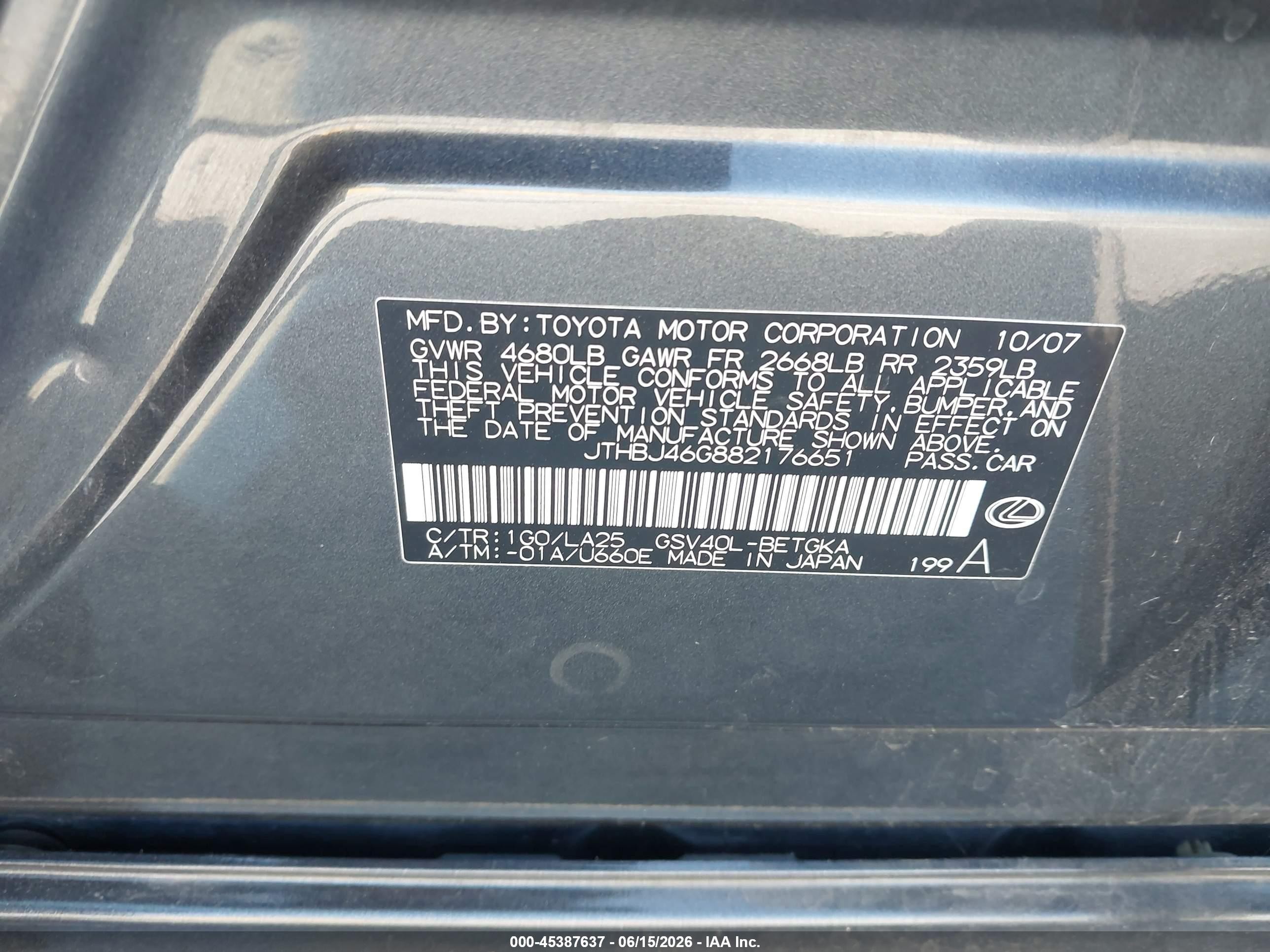 2008 Lexus Es 350   Blue vin: JTHBJ46G882176651