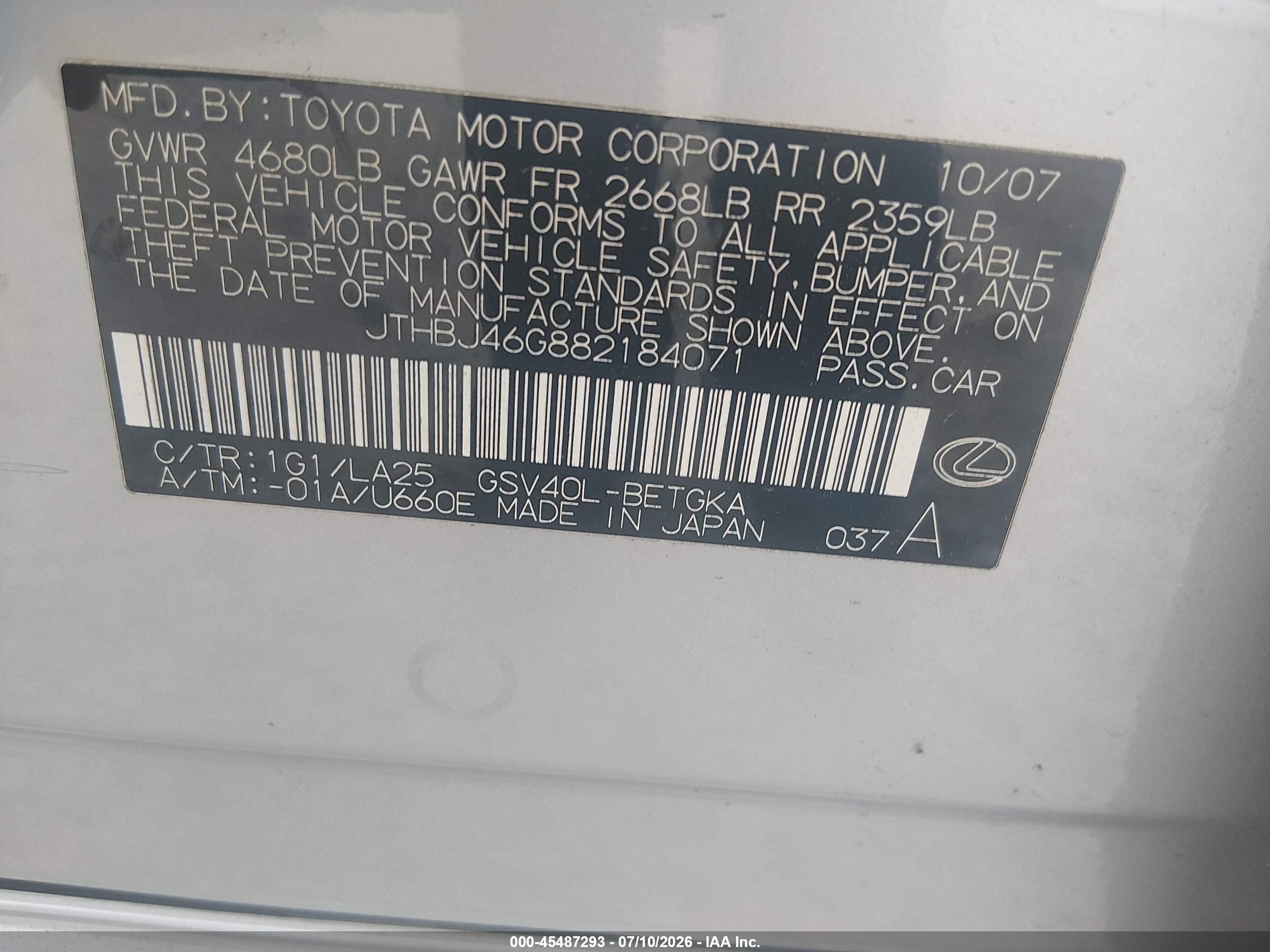 2008 Lexus Es 350   Серый vin: JTHBJ46G882184071