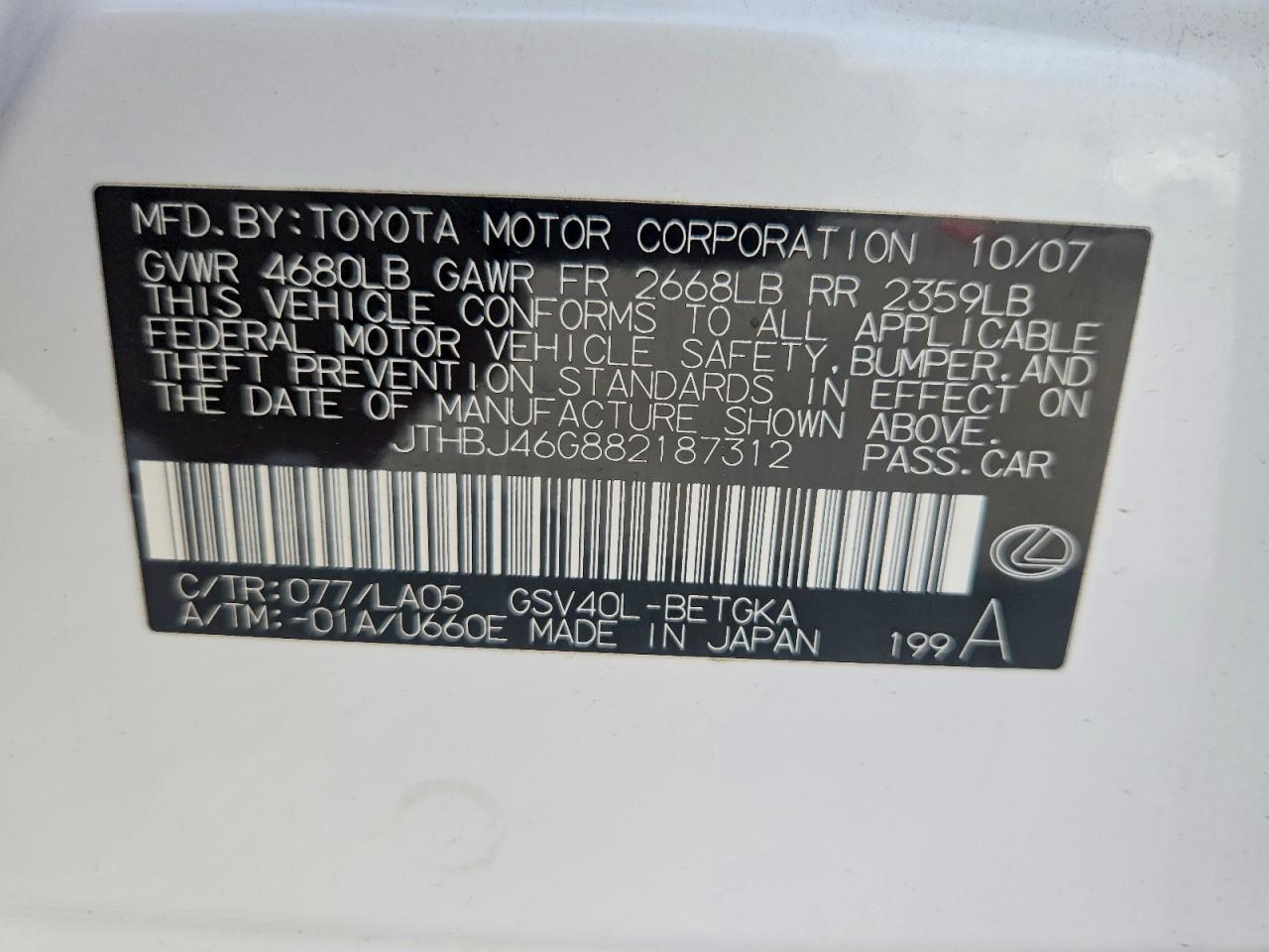 2008 Lexus Es 350 White vin: JTHBJ46G882187312