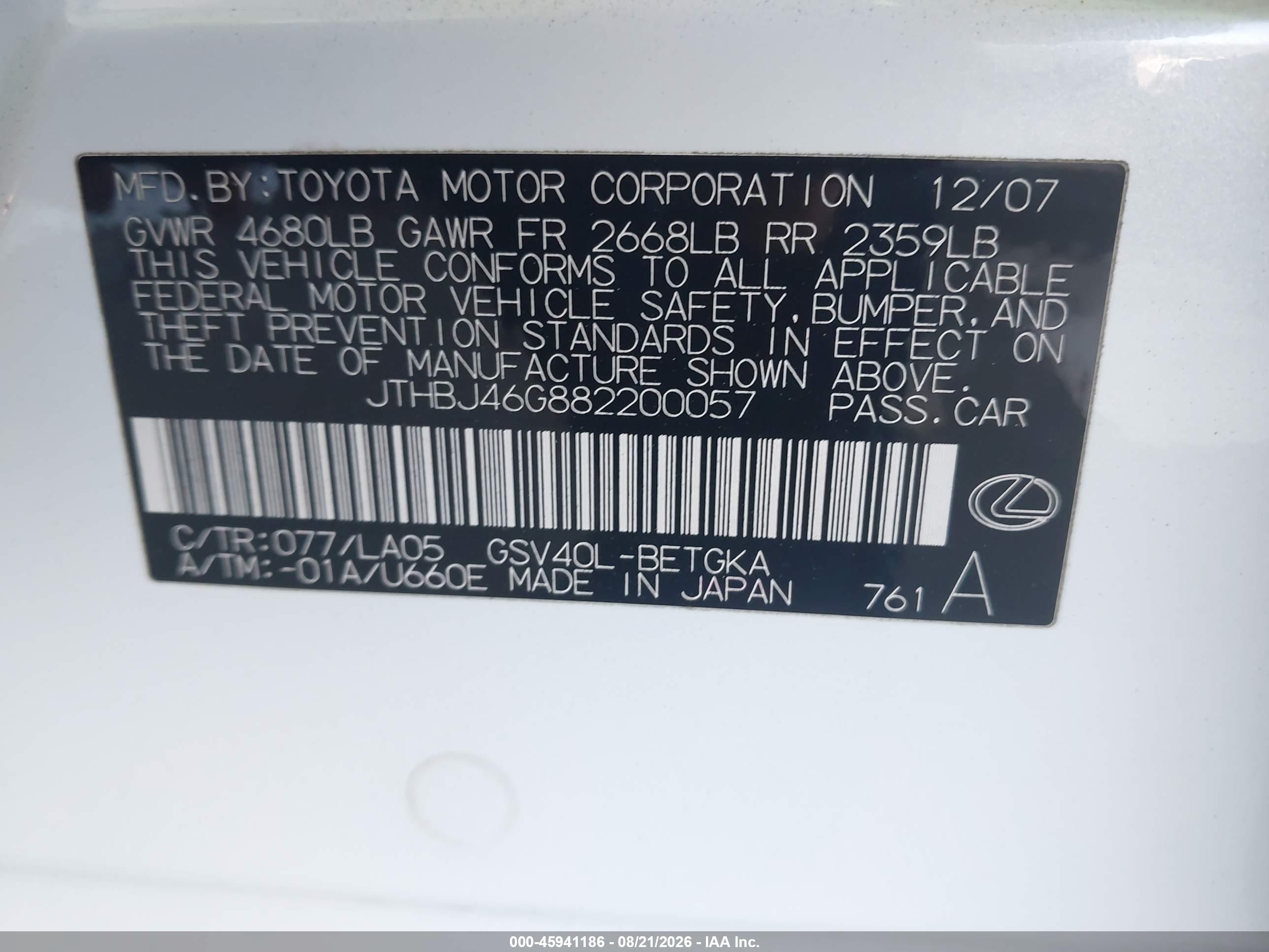 2008 Lexus Es 350   White vin: JTHBJ46G882200057