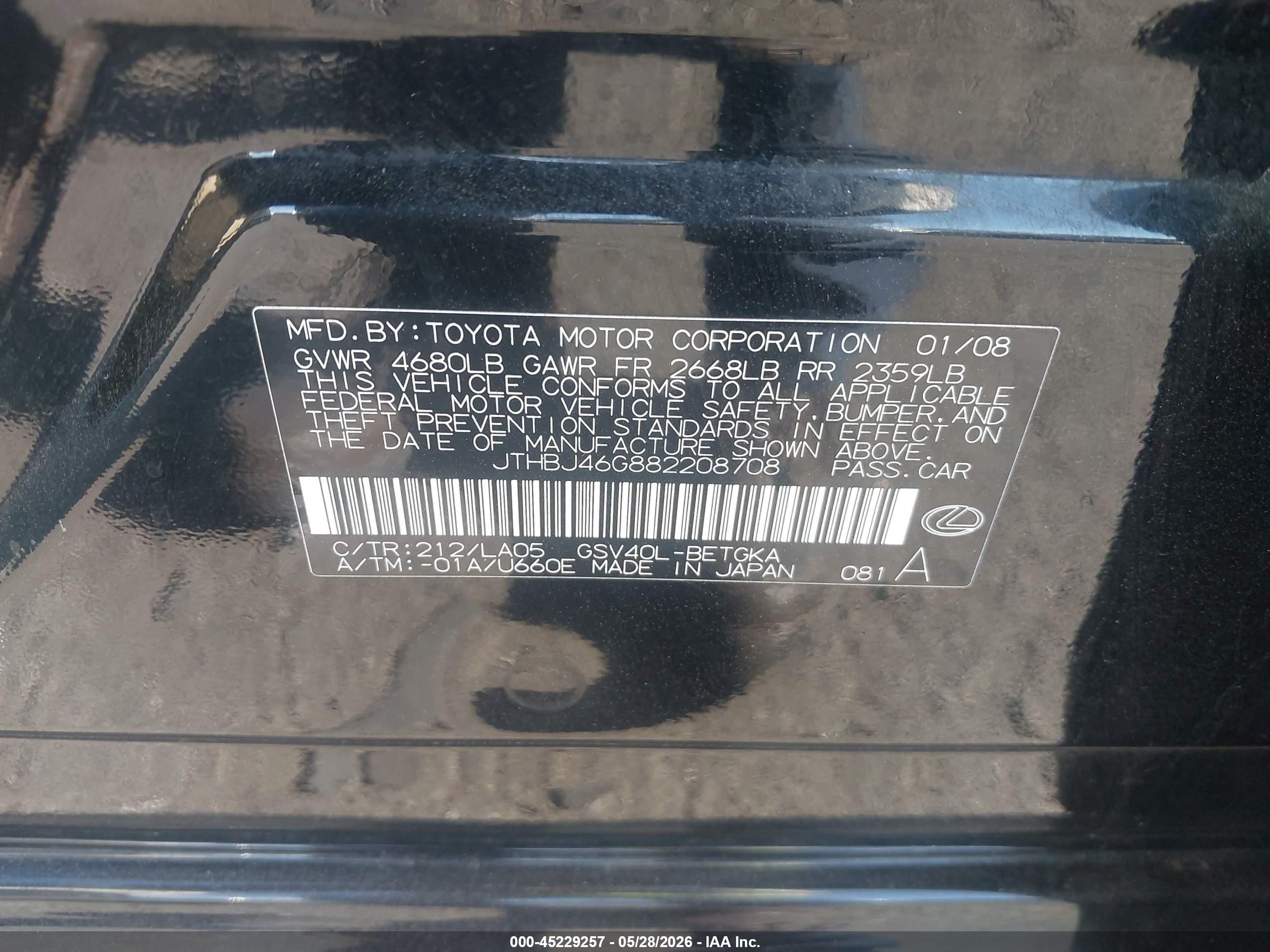 2008 Lexus Es 350   Black vin: JTHBJ46G882208708
