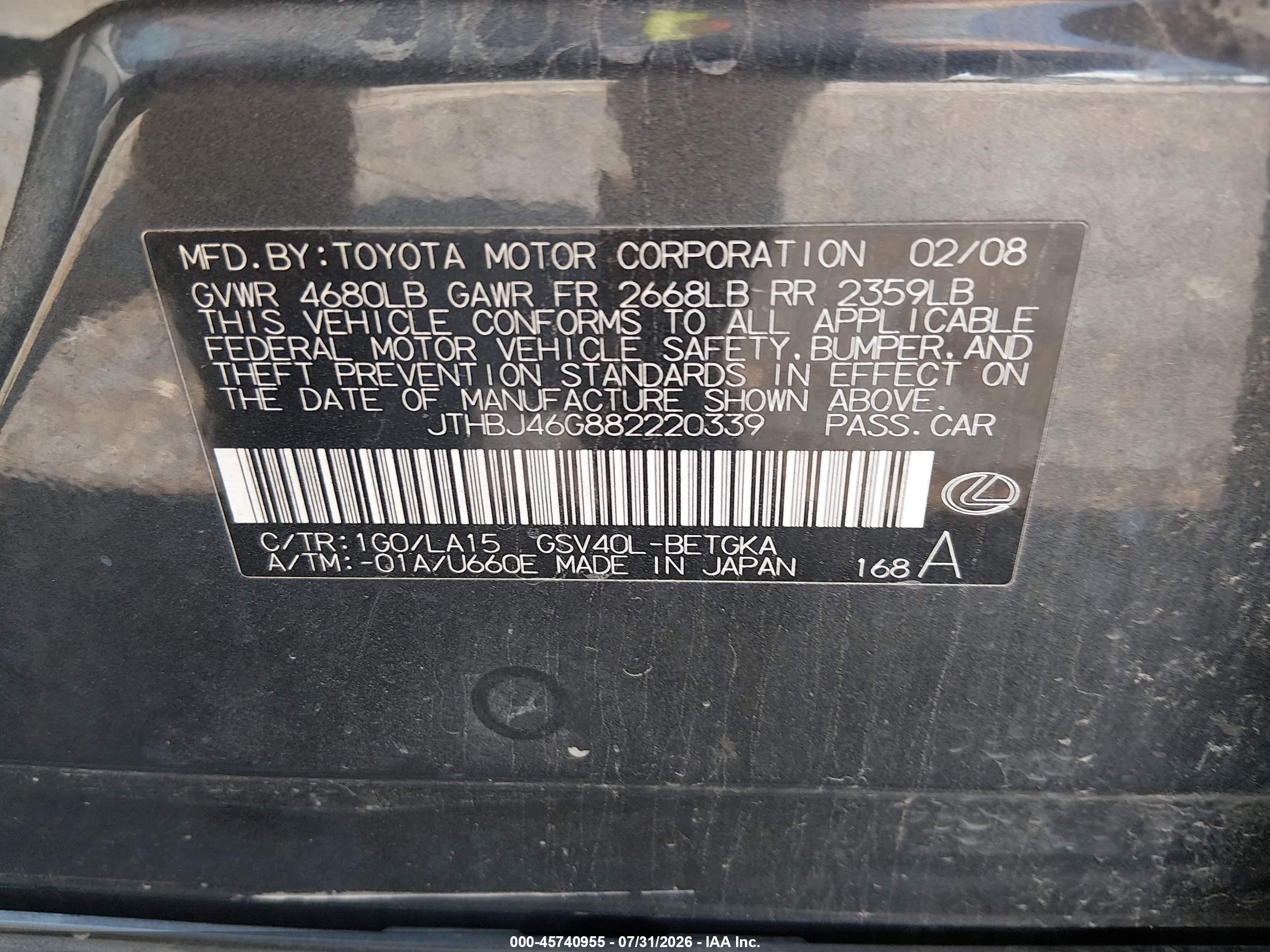 2008 Lexus Es 350   Черный vin: JTHBJ46G882220339