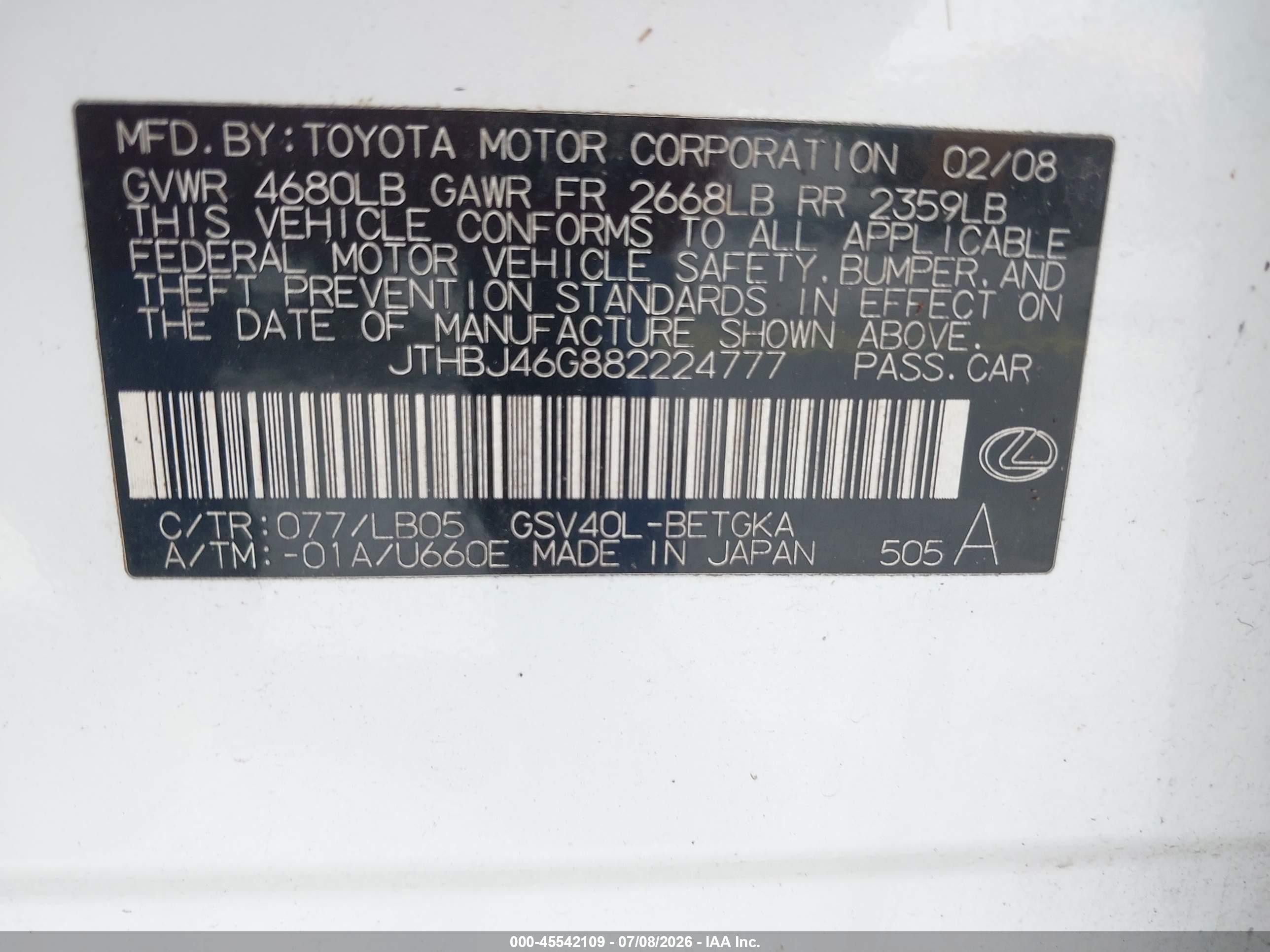 2008 Lexus Es 350   Белый vin: JTHBJ46G882224777