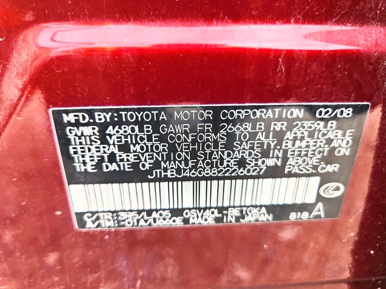 2008 Lexus Es 350 Burgundy vin: JTHBJ46G882226027