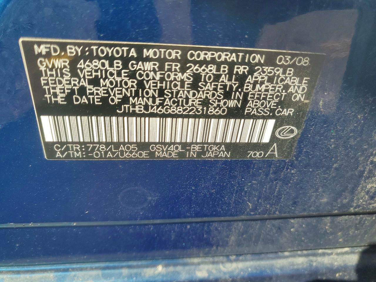 2008 Lexus Es 350 Blue vin: JTHBJ46G882231860