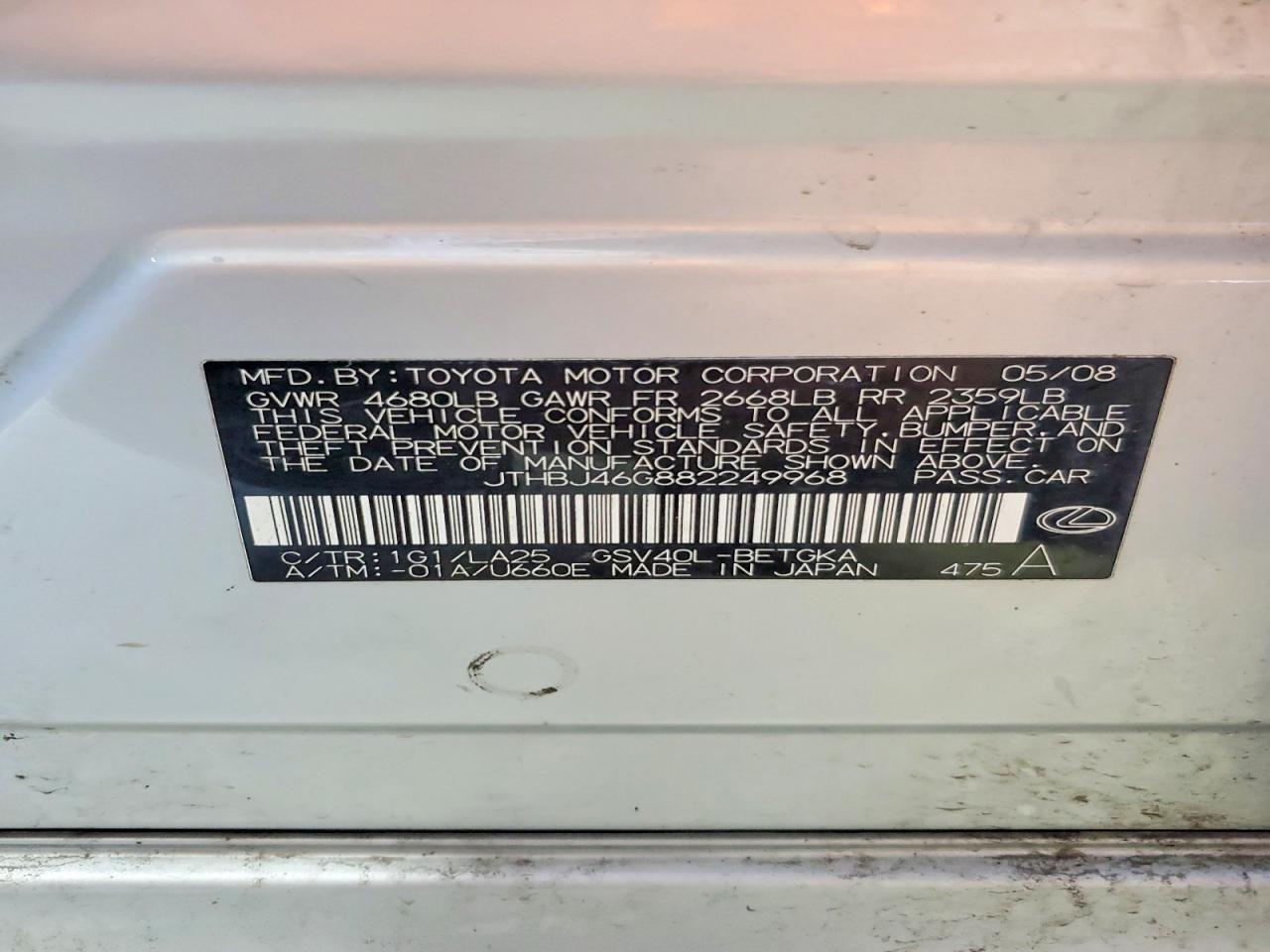 2008 Lexus Es 350 Silver vin: JTHBJ46G882249968