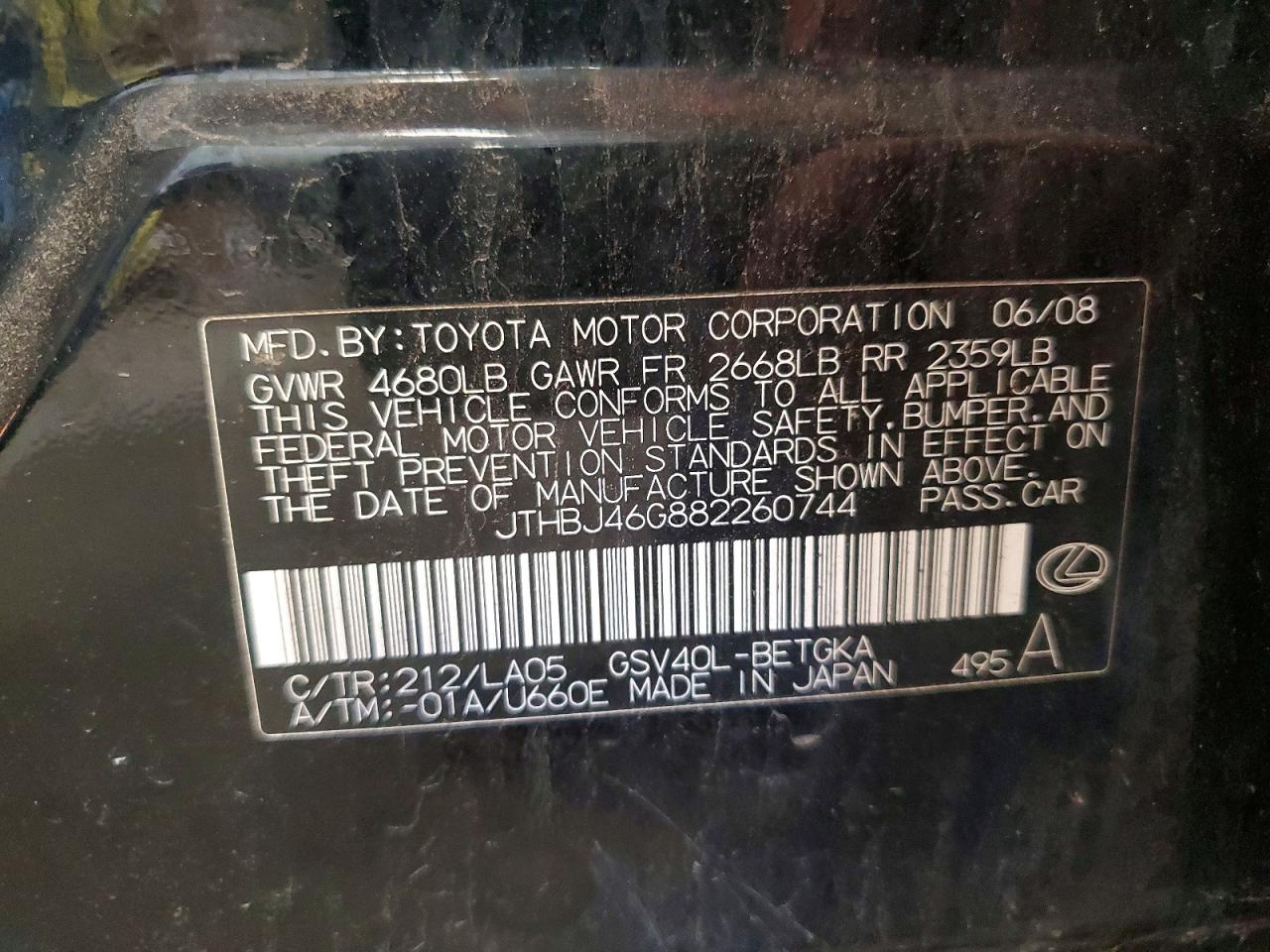 2008 Lexus Es 350 Black vin: JTHBJ46G882260744
