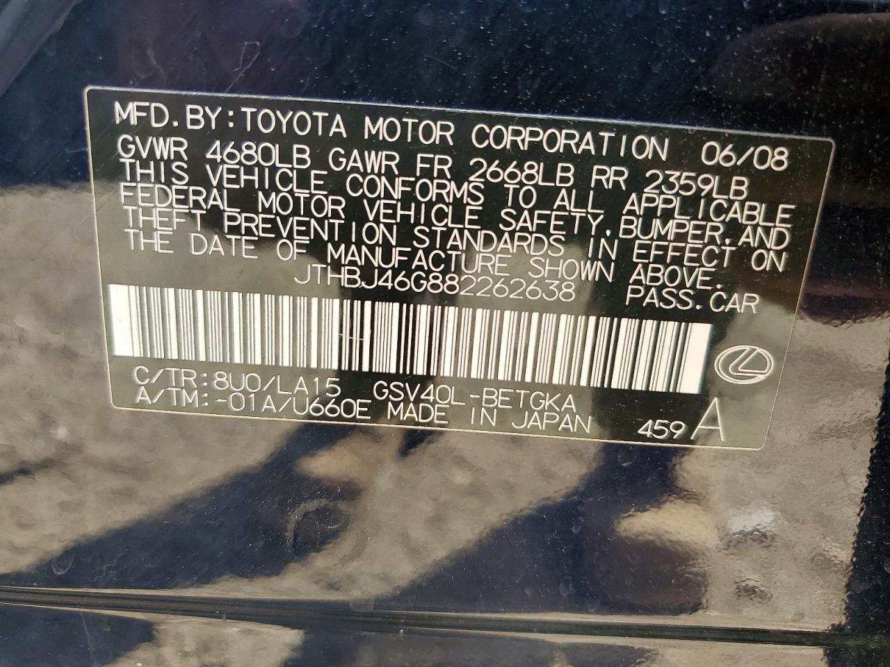 2008 Lexus Es 350 Blue vin: JTHBJ46G882262638