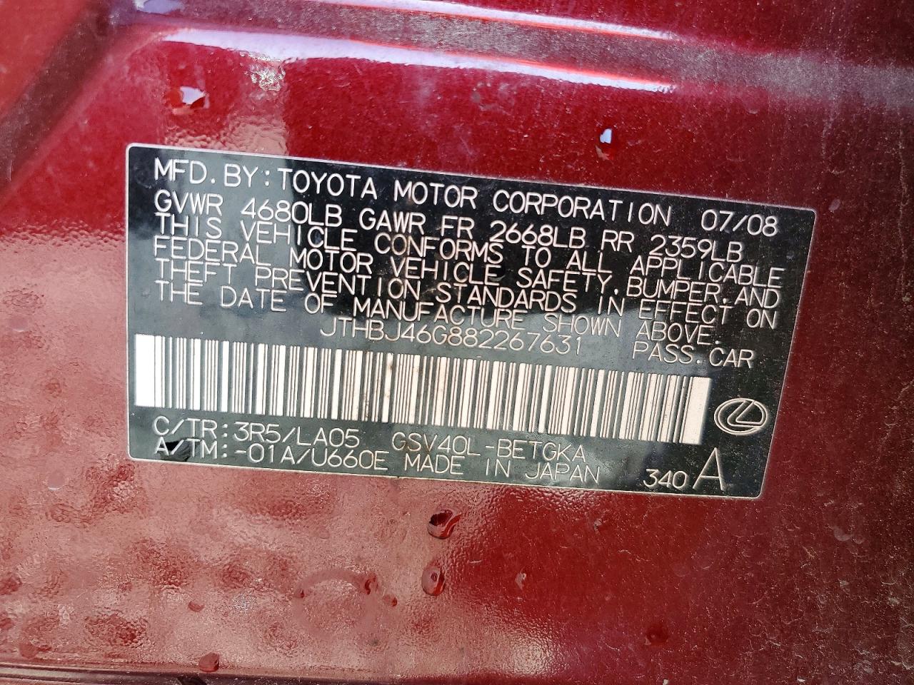 2008 Lexus Es 350 Burgundy vin: JTHBJ46G882267631