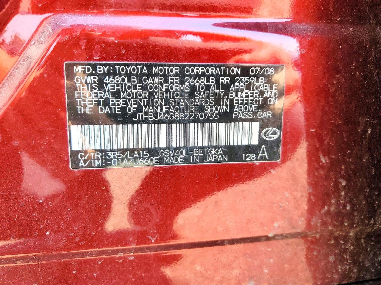 2008 Lexus Es 350 Темно-бордовый vin: JTHBJ46G882270755