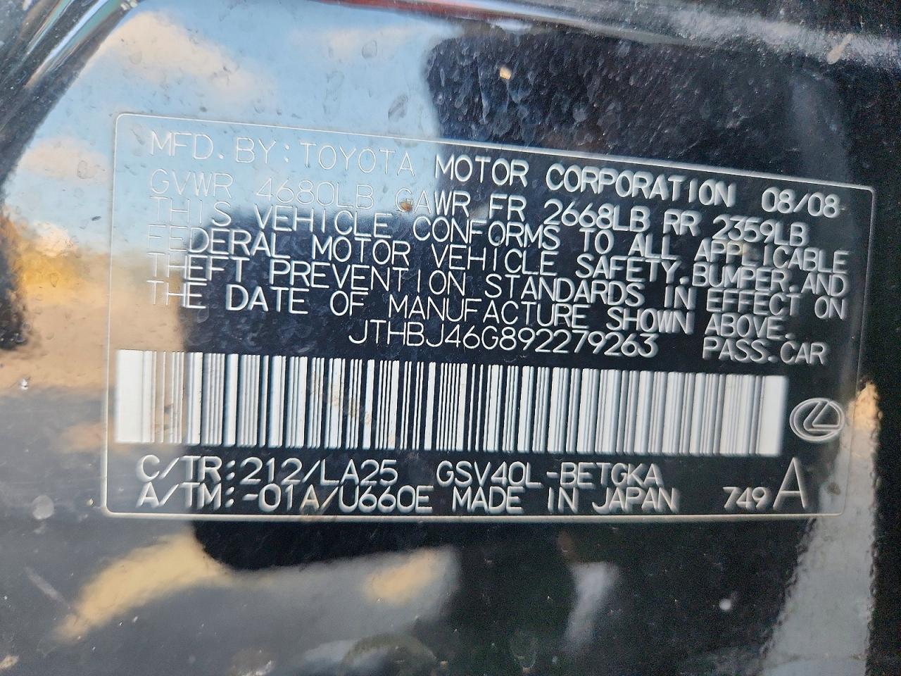 2009 Lexus Es 350 Black vin: JTHBJ46G892279263