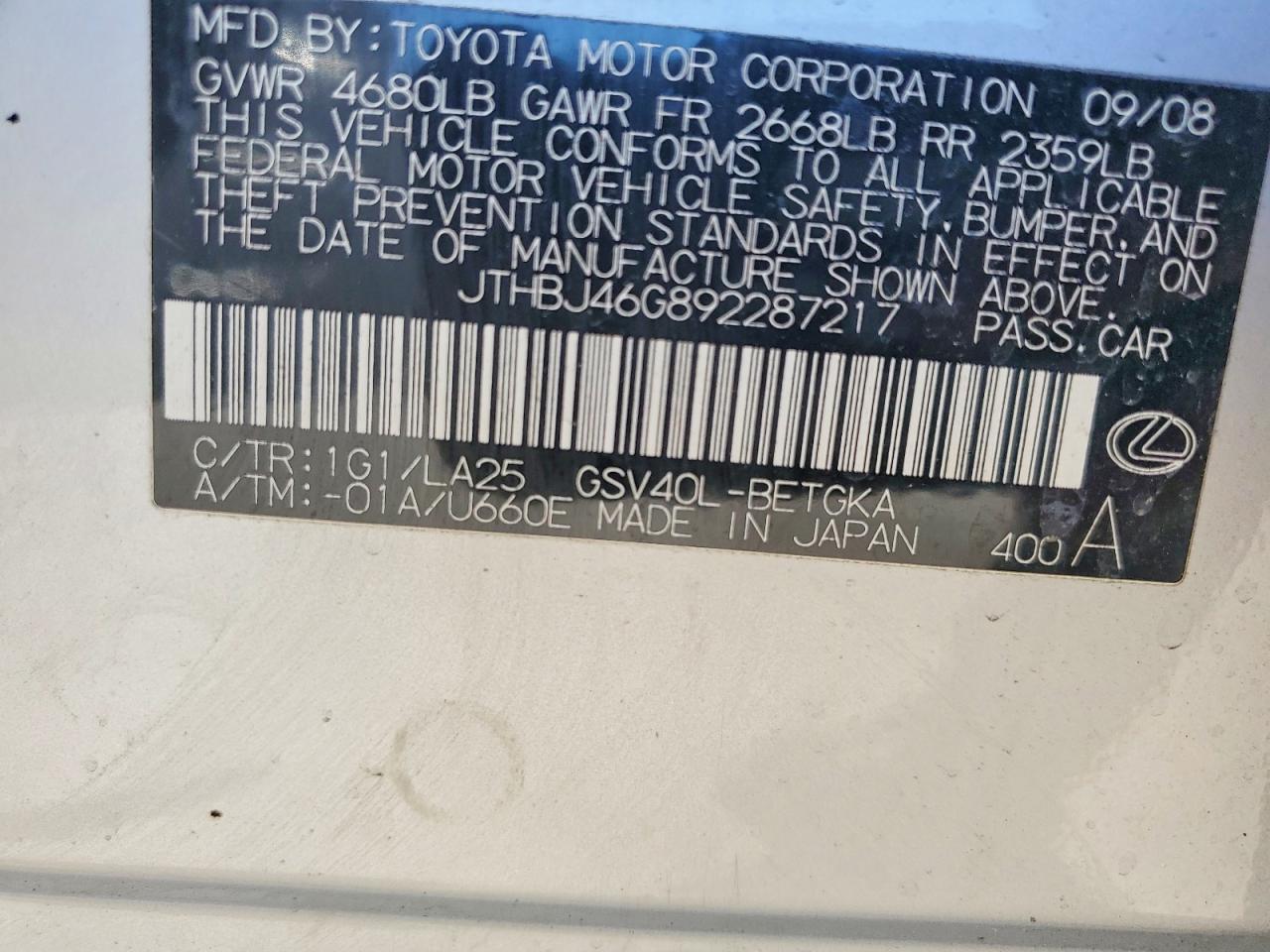 2009 Lexus Es 350 Silver vin: JTHBJ46G892287217