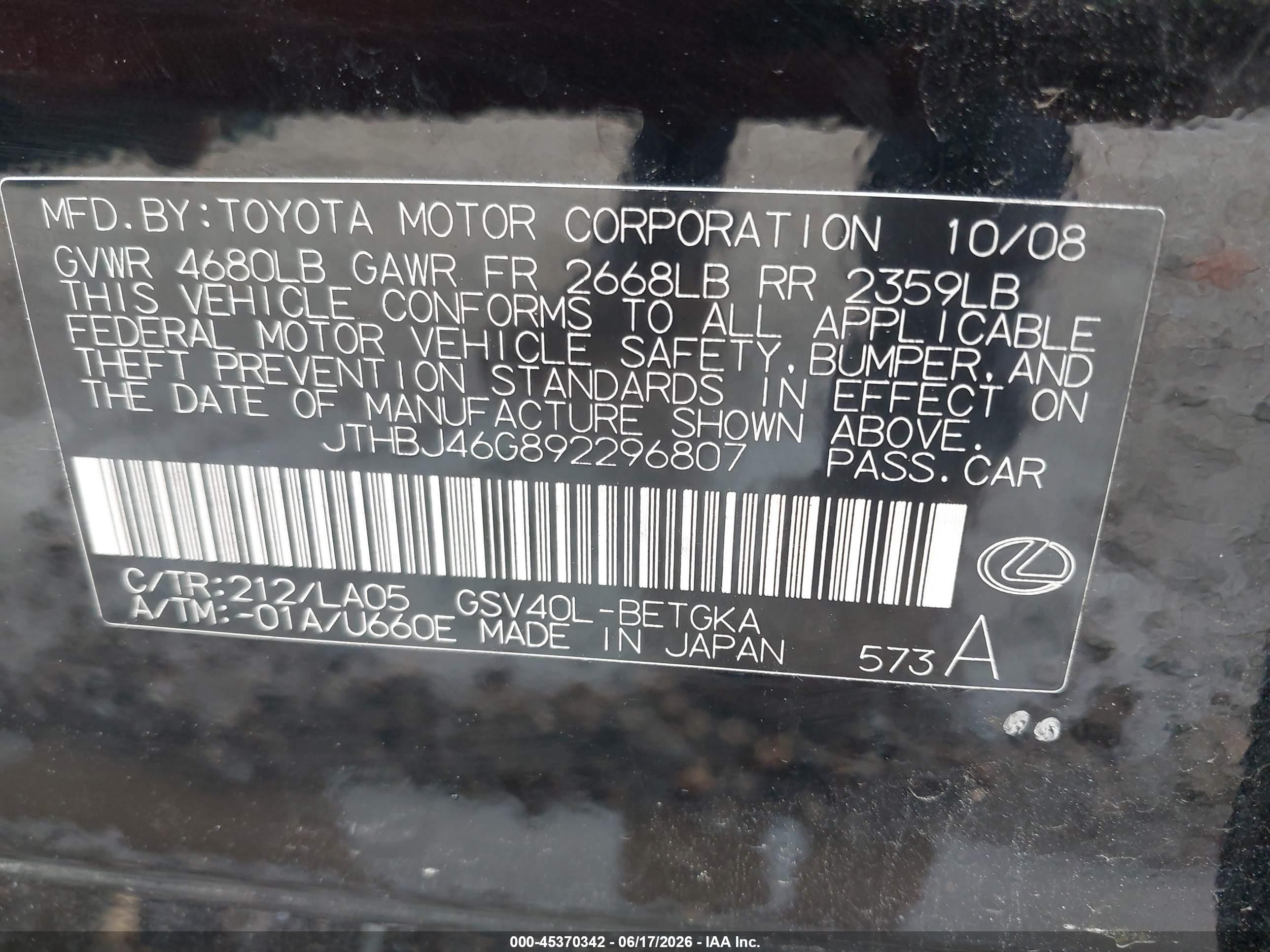 2009 Lexus Es 350   Черный vin: JTHBJ46G892296807