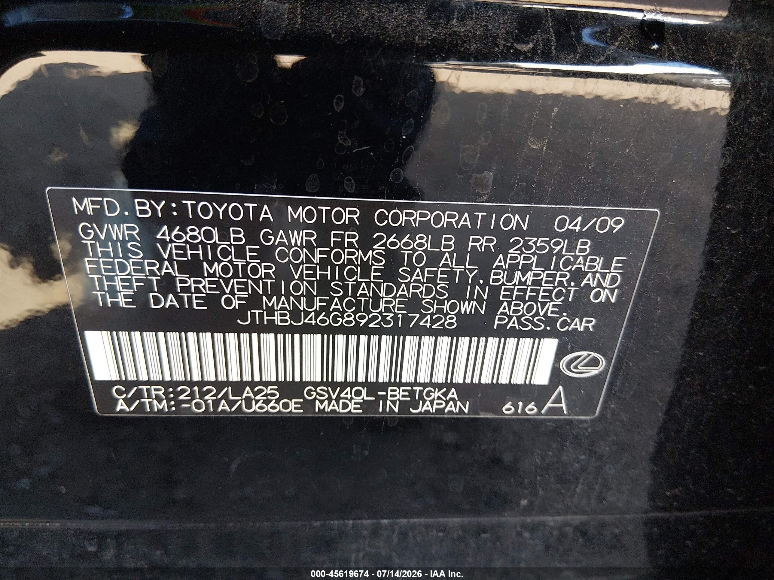 2009 Lexus Es 350   Black vin: JTHBJ46G892317428