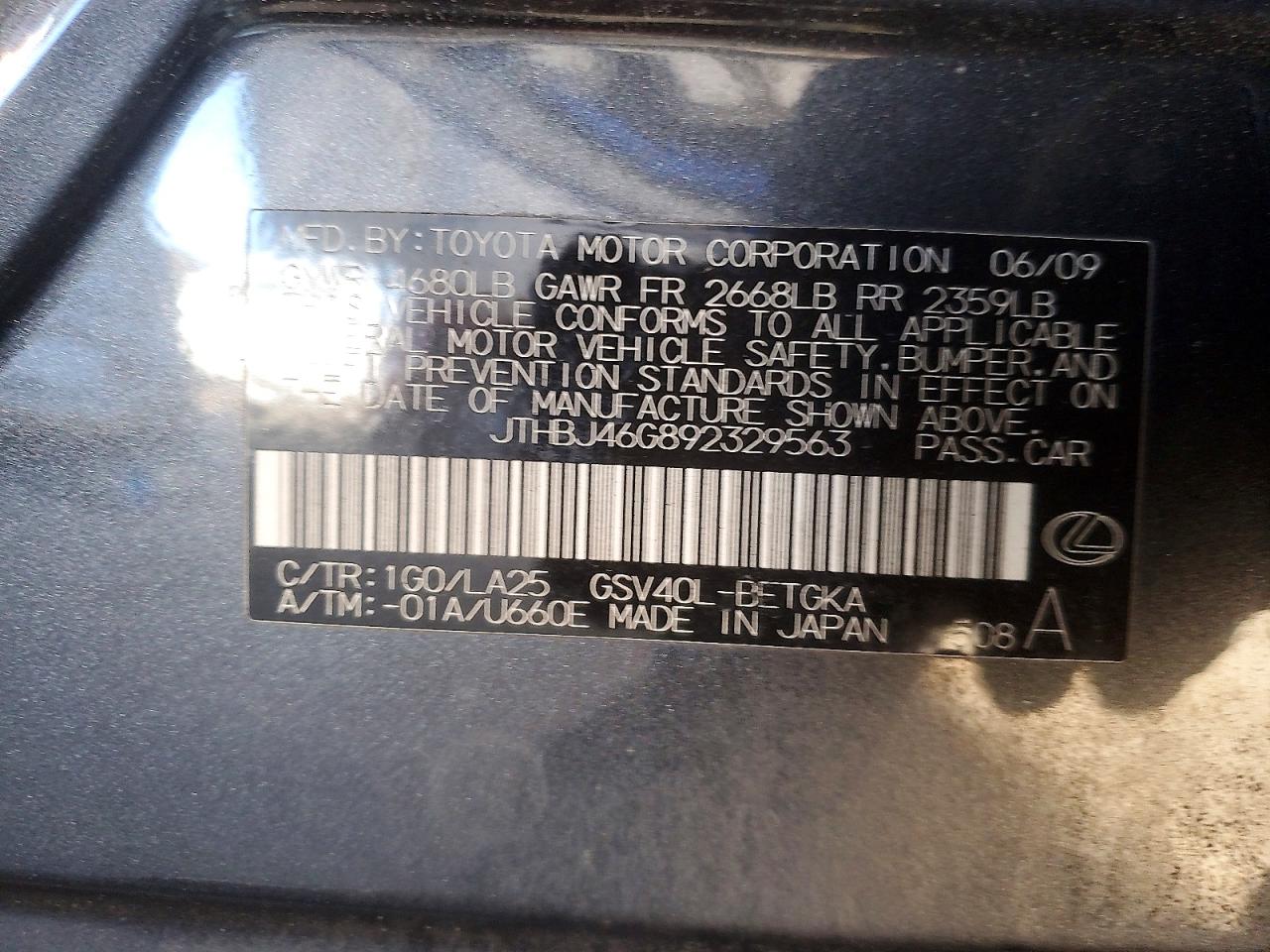 2009 Lexus Es 350 Gray vin: JTHBJ46G892329563
