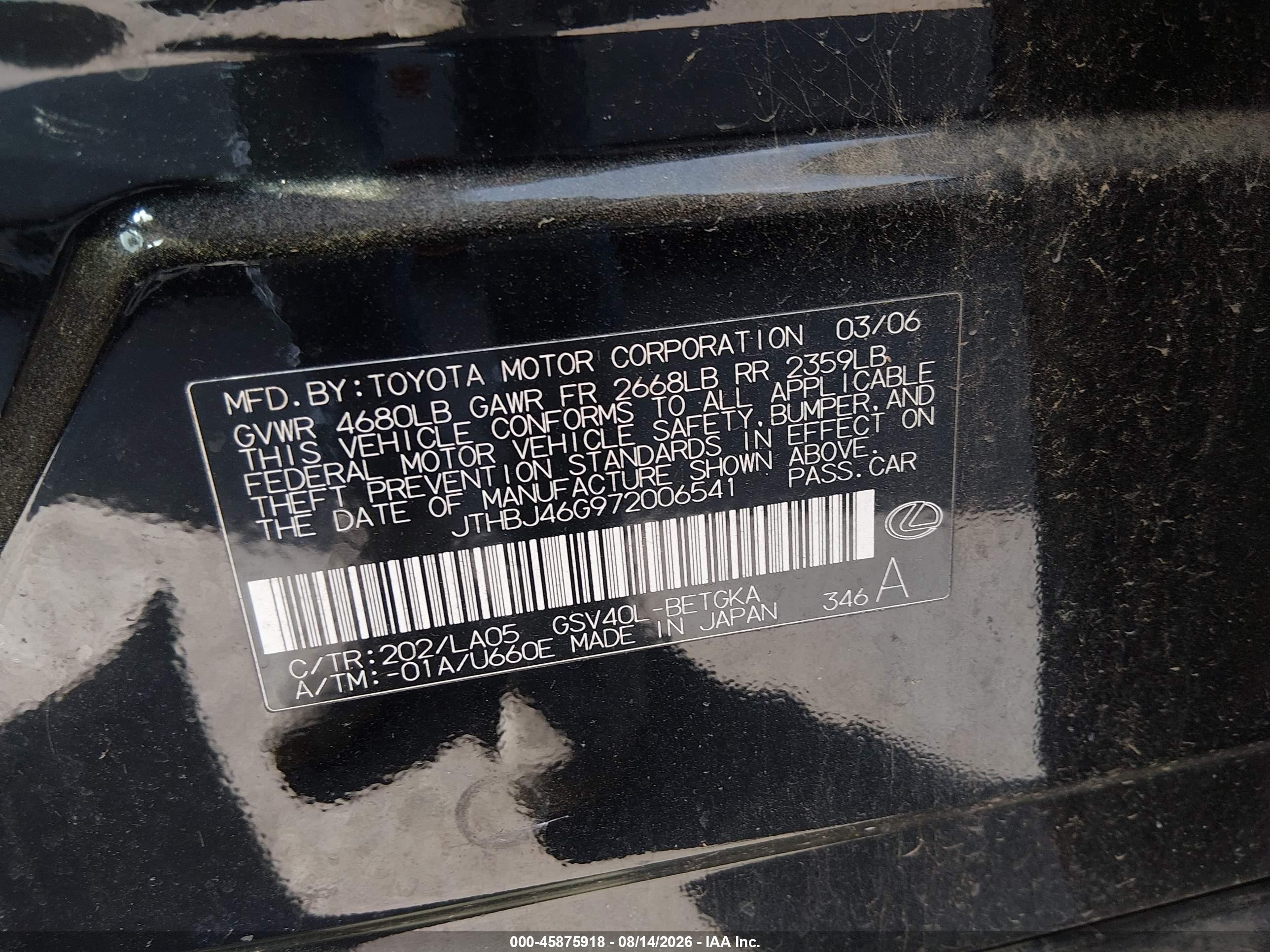 2007 Lexus Es 350   Black vin: JTHBJ46G972006541