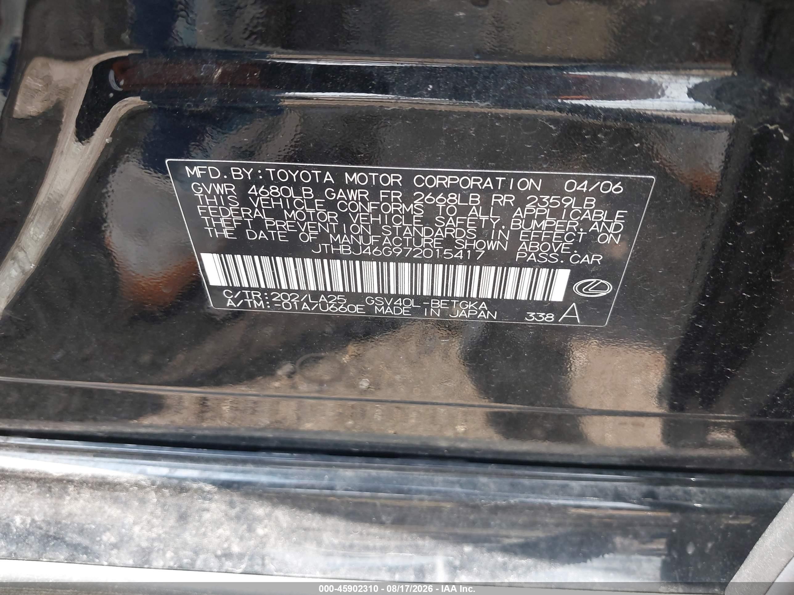 2007 Lexus Es 350   Black vin: JTHBJ46G972015417