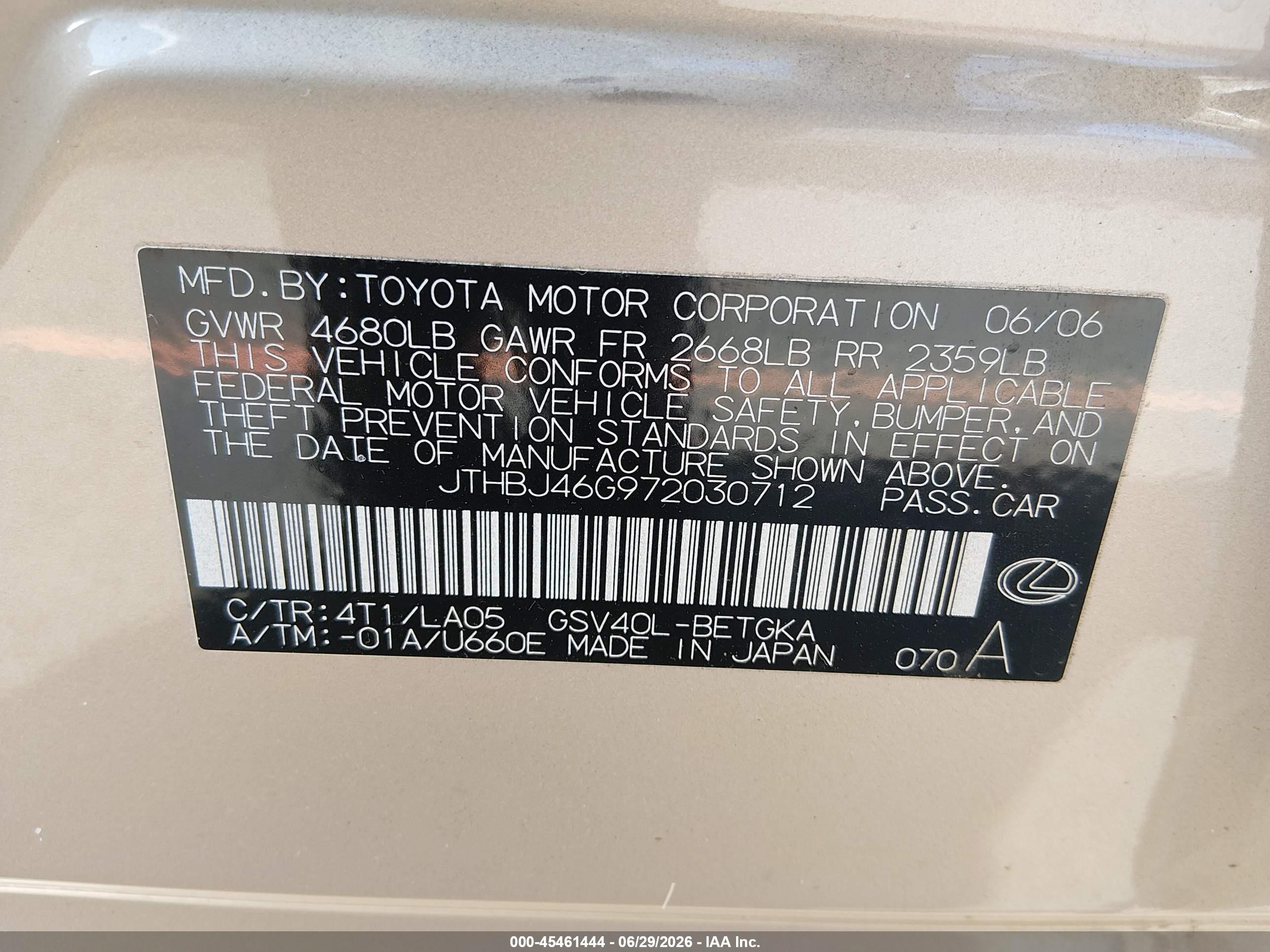 2007 Lexus Es 350   Champagne vin: JTHBJ46G972030712