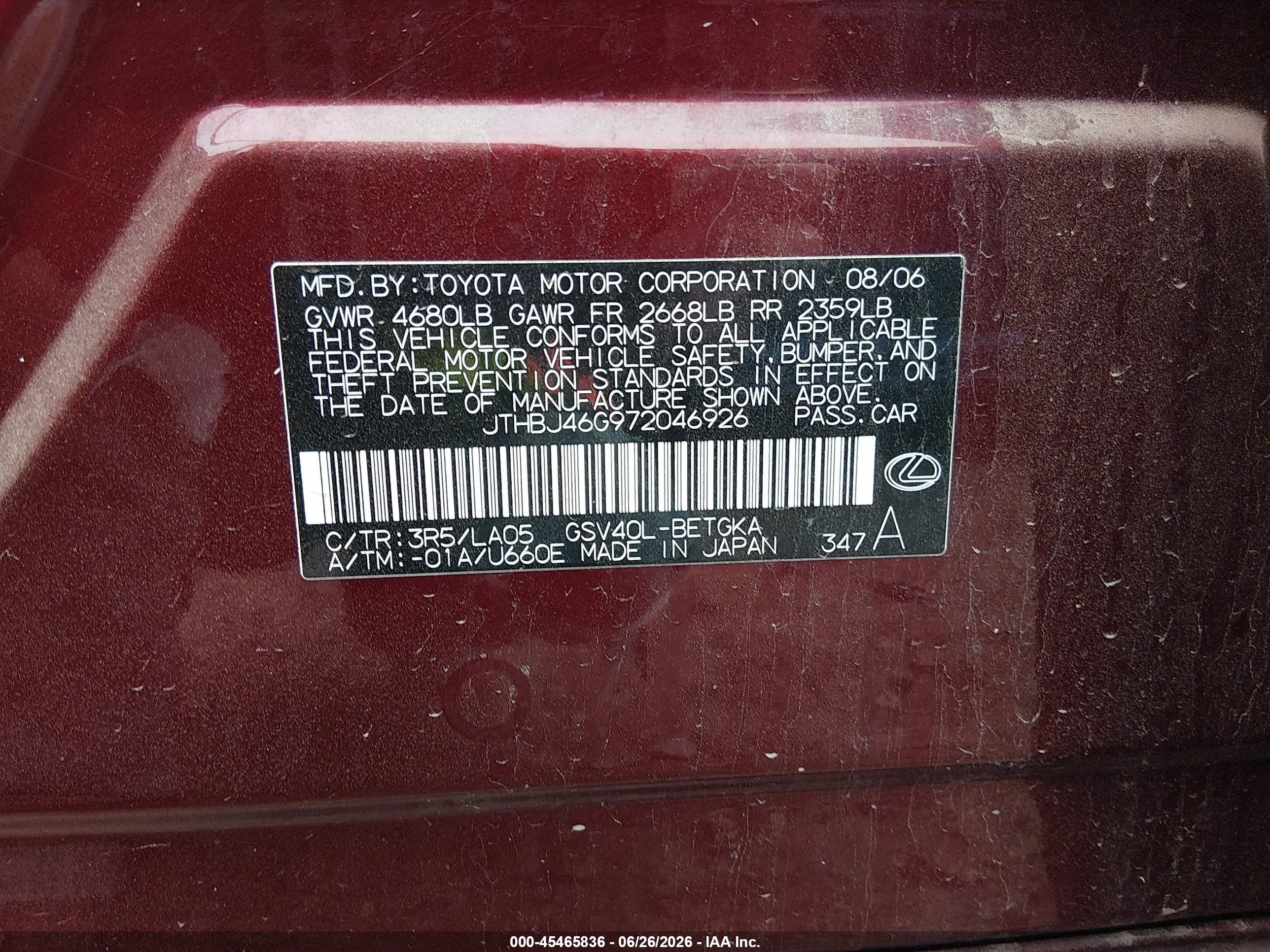 2007 Lexus Es 350   Red vin: JTHBJ46G972046926