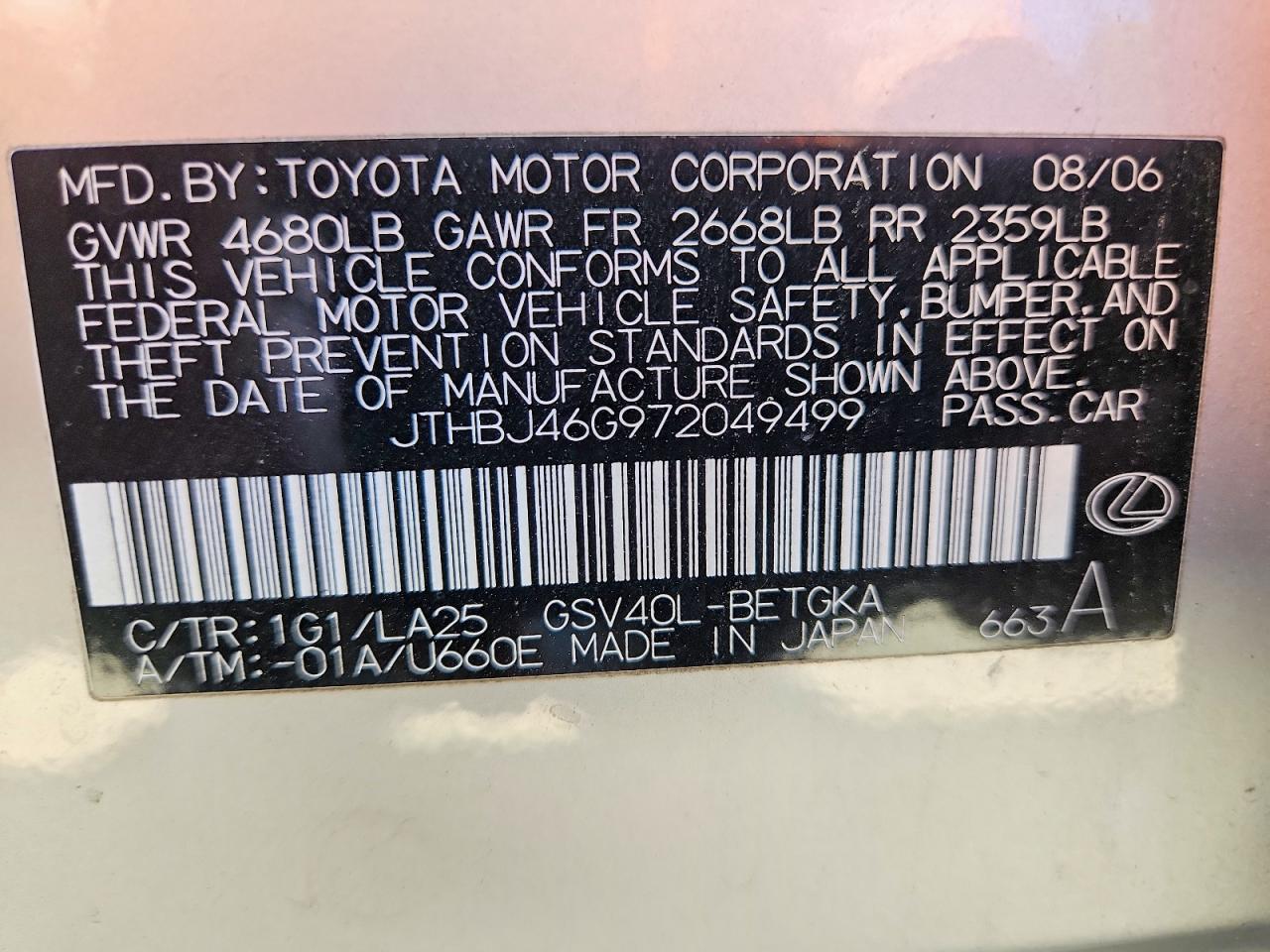 2007 Lexus Es 350 Silver vin: JTHBJ46G972049499