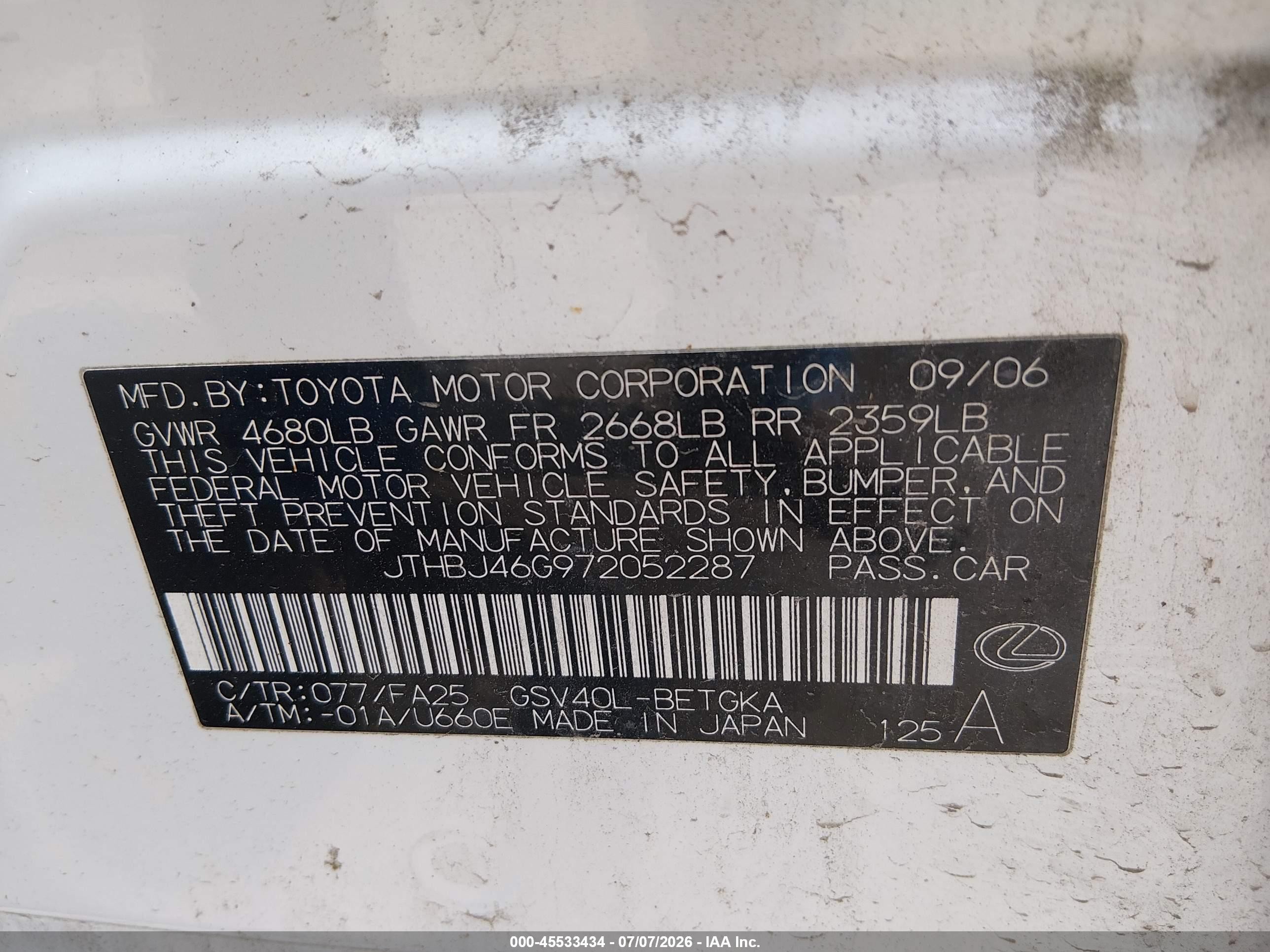 2007 Lexus Es 350   Белый vin: JTHBJ46G972052287