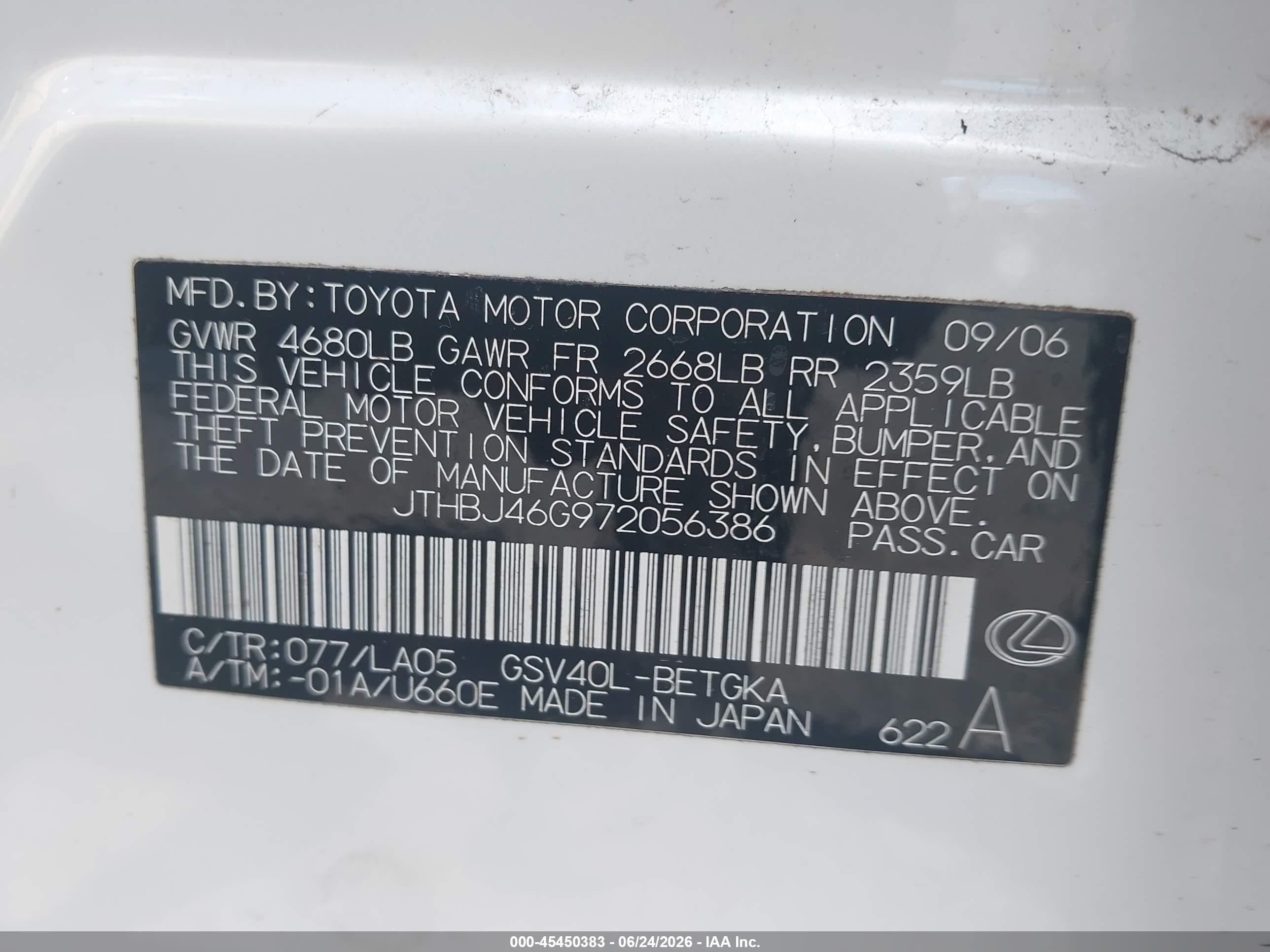 2007 Lexus Es 350   White vin: JTHBJ46G972056386