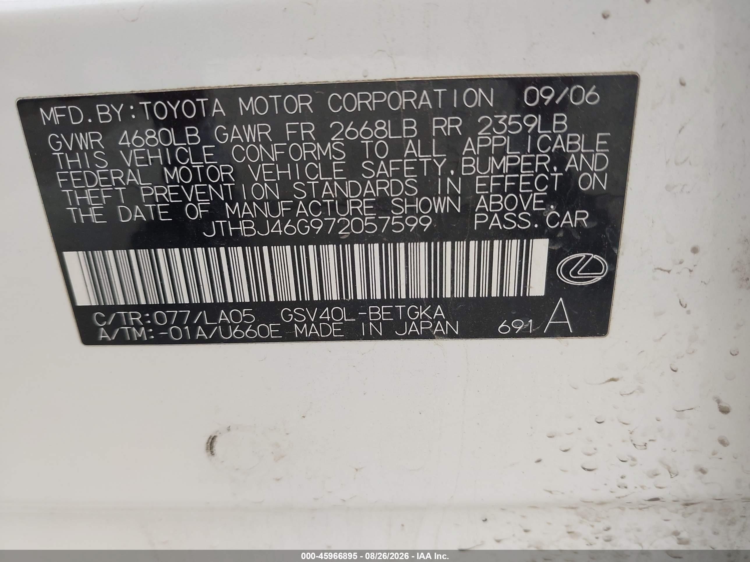 2007 Lexus Es 350   White vin: JTHBJ46G972057599
