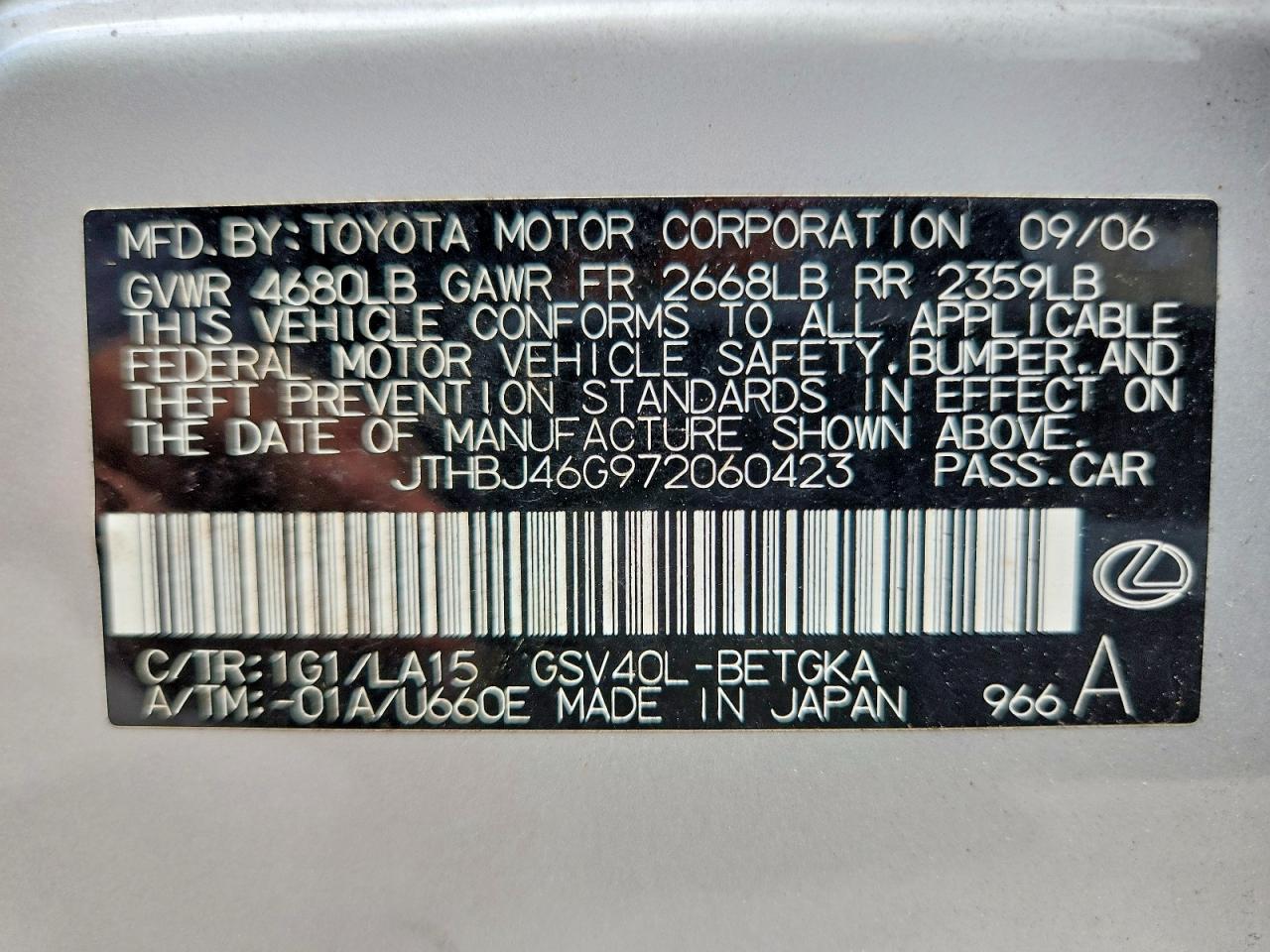 2007 Lexus Es 350 Серебряный vin: JTHBJ46G972060423