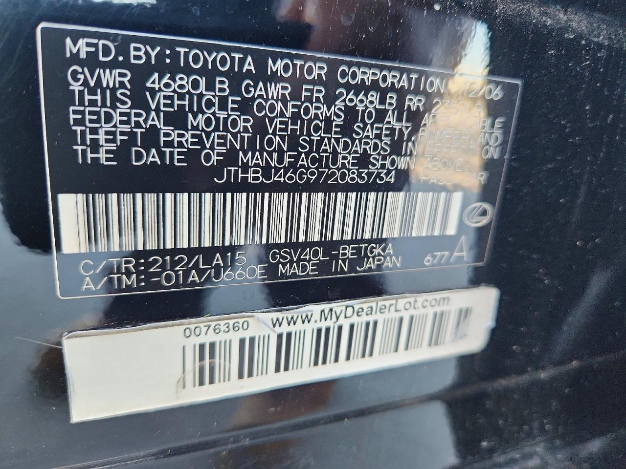 2007 Lexus Es 350 Черный vin: JTHBJ46G972083734