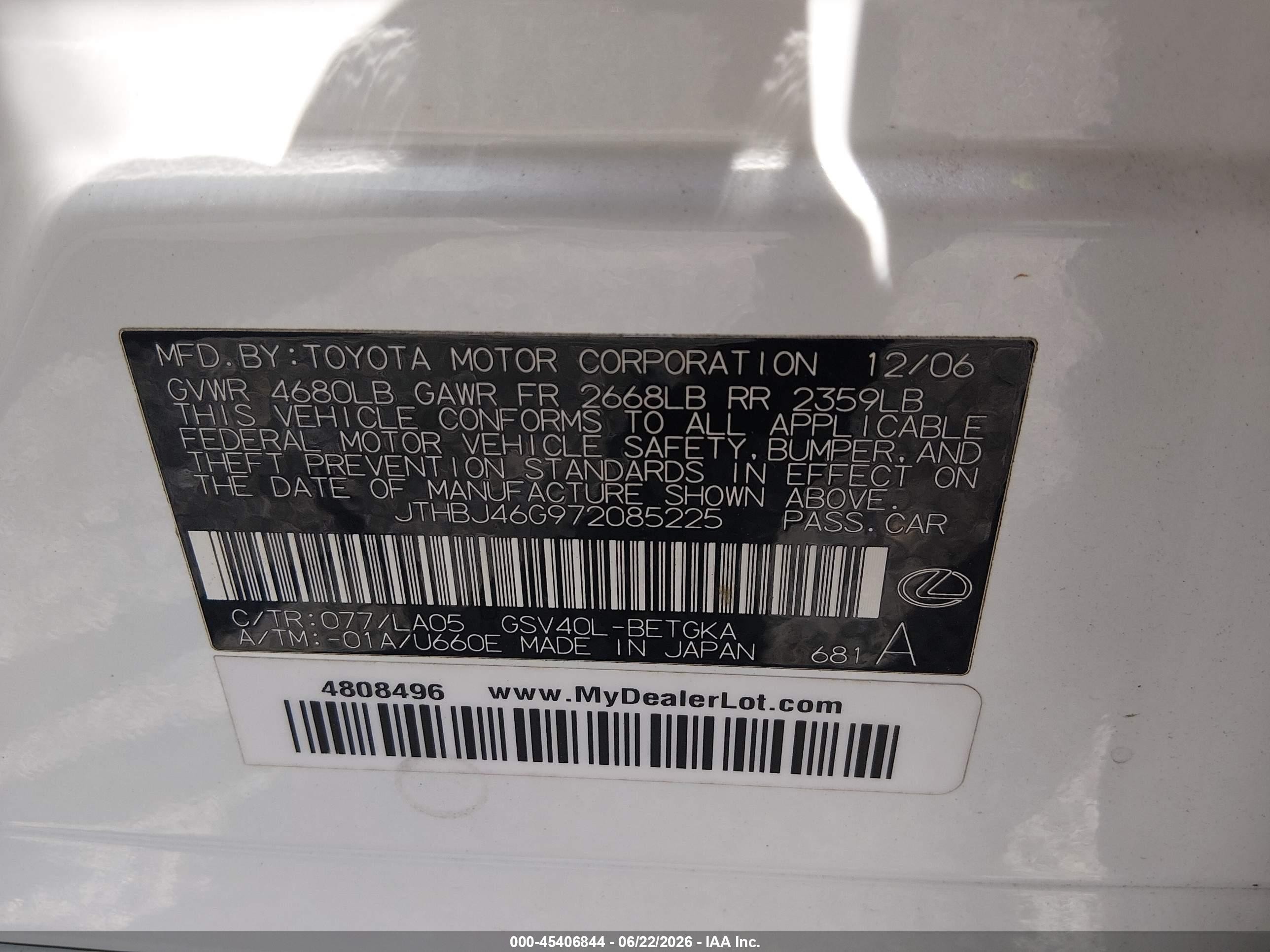 2007 Lexus Es 350   Белый vin: JTHBJ46G972085225