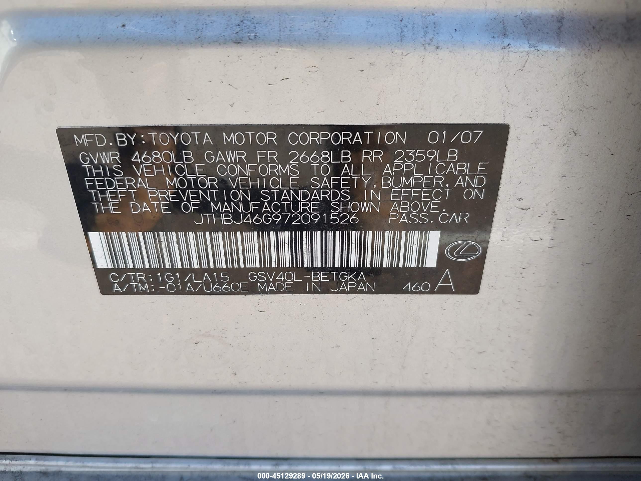 2007 Lexus Es 350   Silver vin: JTHBJ46G972091526