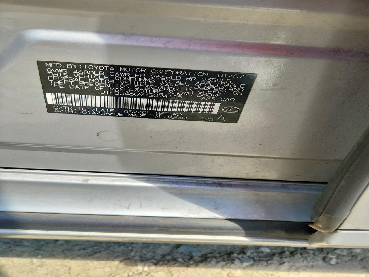 2007 Lexus Es 350 Silver vin: JTHBJ46G972094118