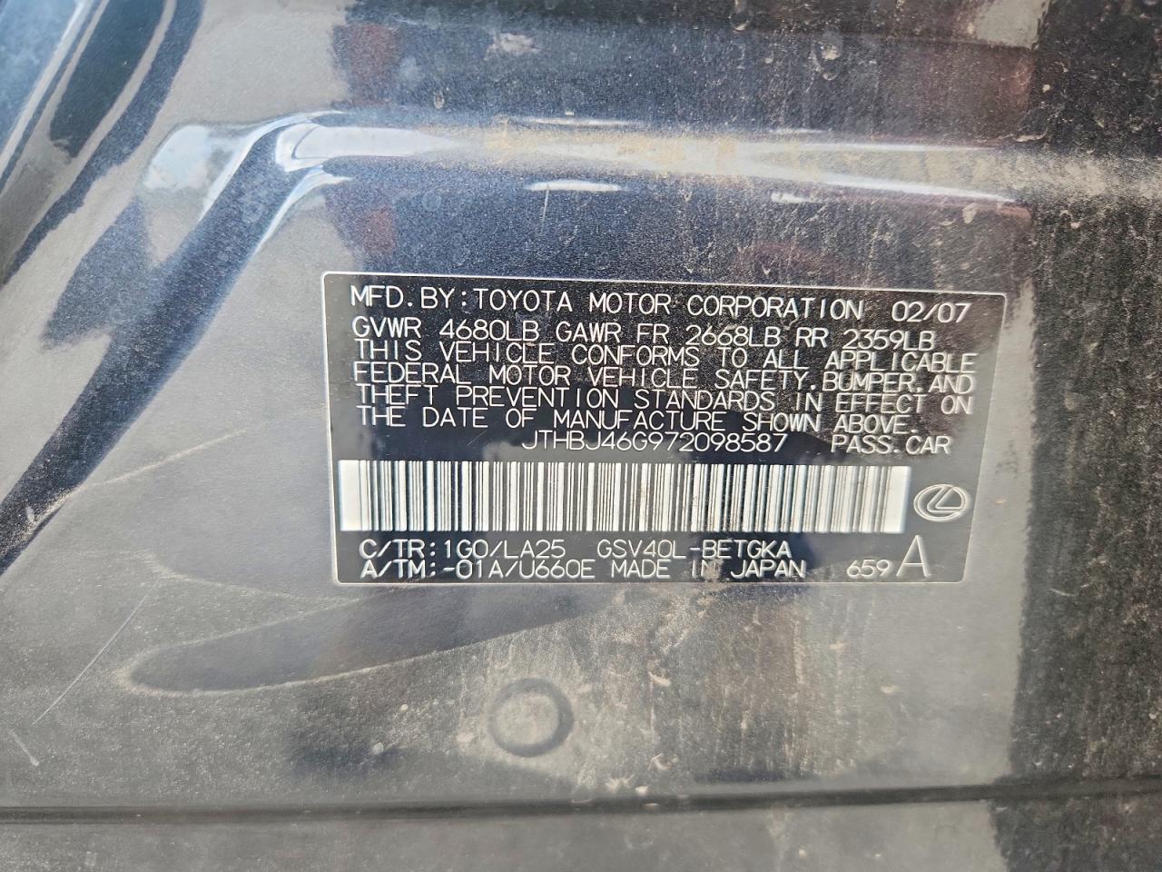 2007 Lexus Es 350 Gray vin: JTHBJ46G972098587